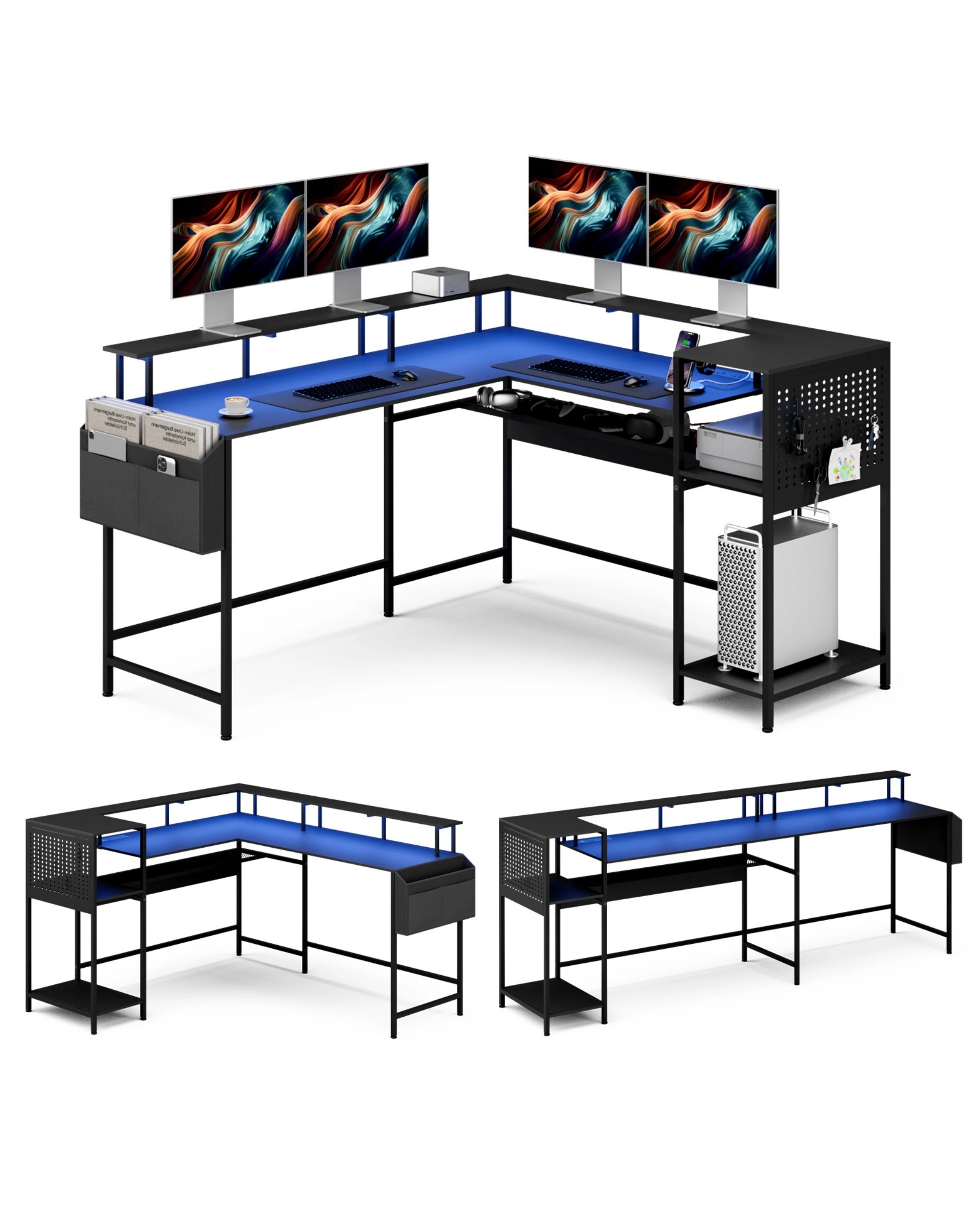 1 Advwin 150cm Convertible Gaming Computer Desk w/ LED Lights & Power Outlets  - Black, 1 of 10