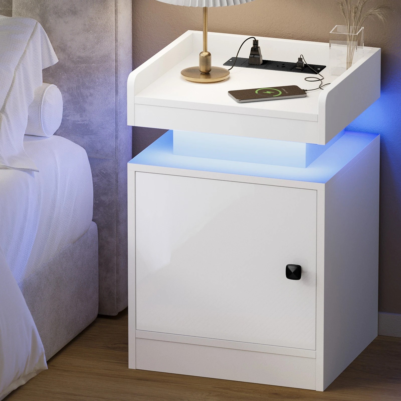 2 Oikiture Bedside Table Led Nightstand Usb Charging Station
 - White, 2 of 10