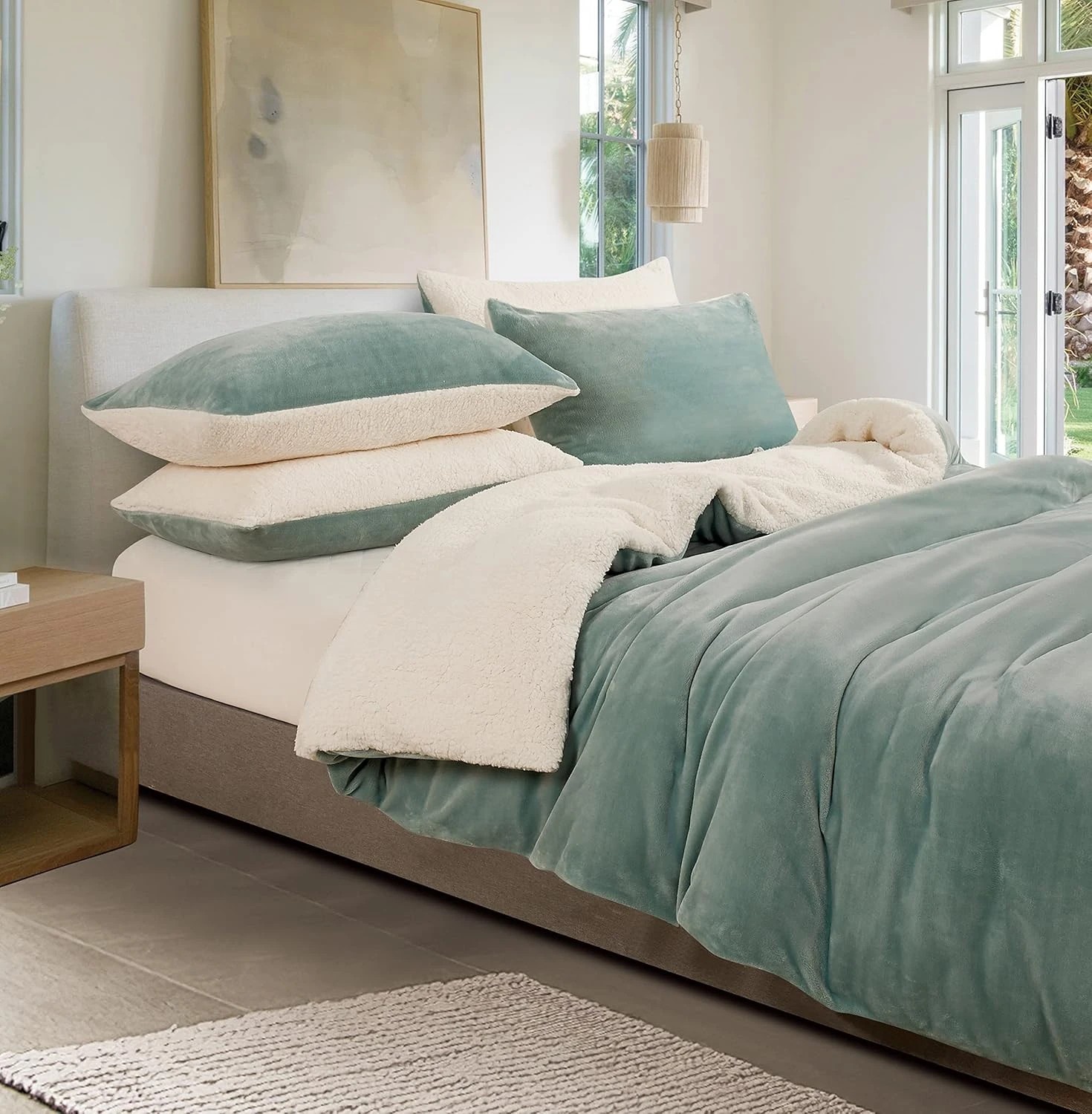 1 Gioia Casa 2-in-1 Teddy Sherpa Quilt Cover Set Warm Reversible - Double Bed - Sage, 1 of 9