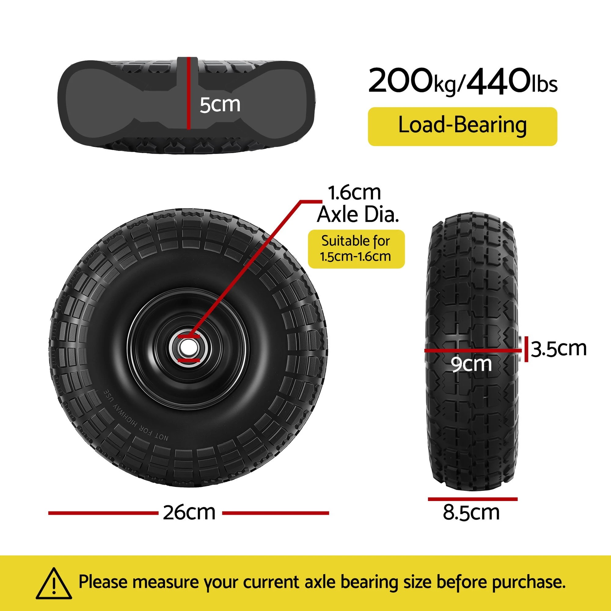 2 Gardeon 2pcs, 4.10/3.50-4 Tire And Wheel Flat Free, 26cm Solid Rubber Tires with 5/8 Axle Bore Hole - Black, 2 of 9