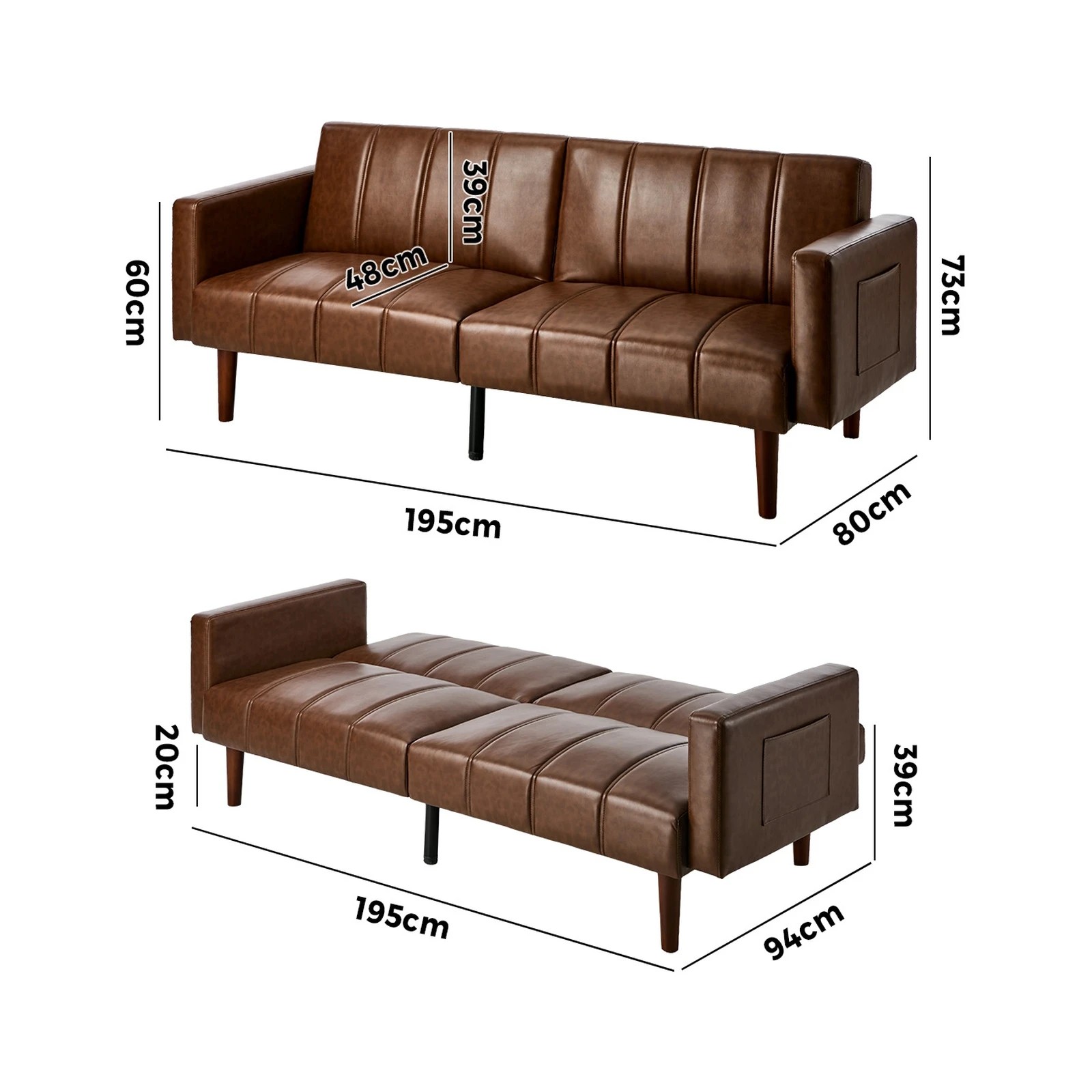 2 Oikiture 3 Seater Sofa Bed Sleeper Futon Faux Leather - Brown, 2 of 10