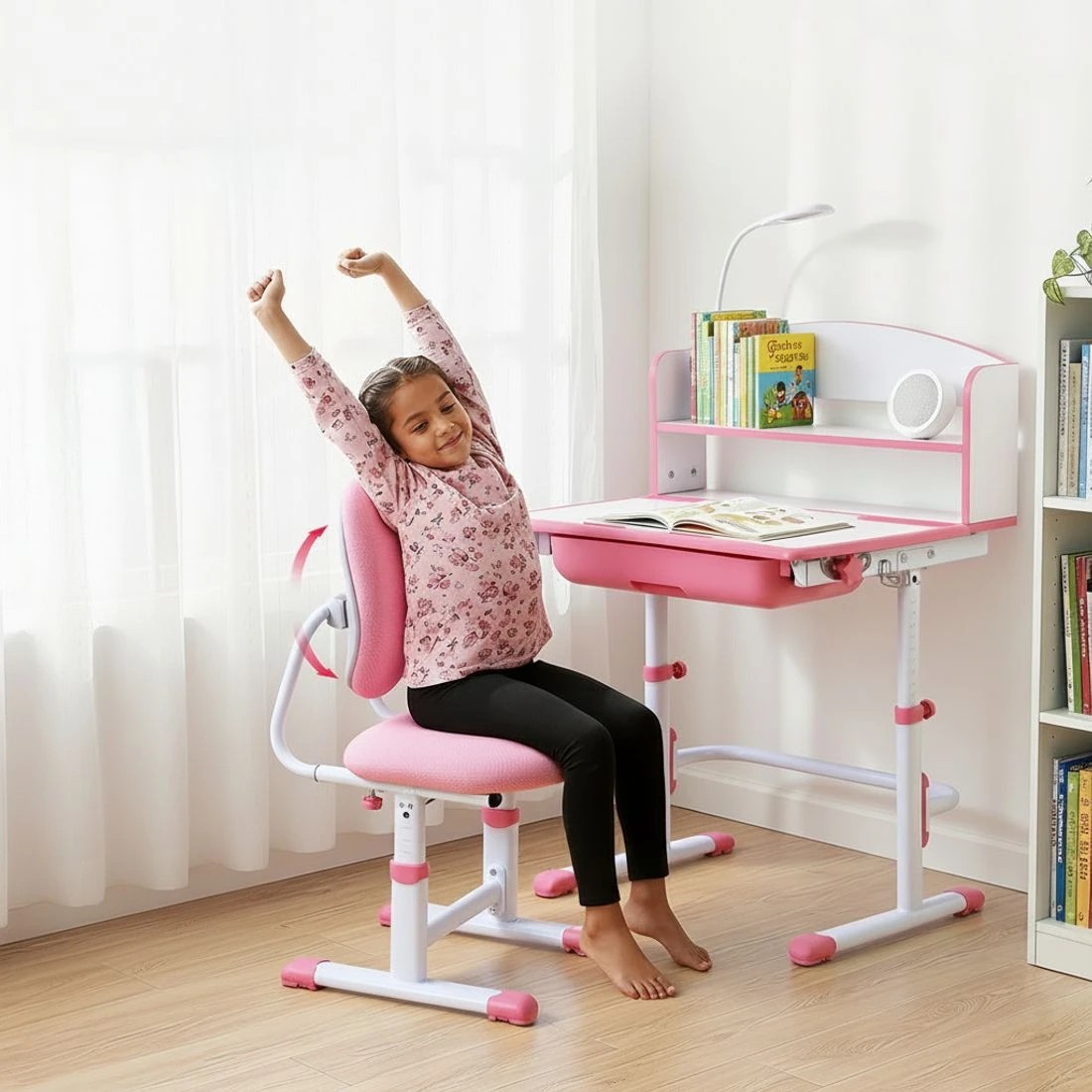 6 Keezi Kids Study Desk Chair Set Adjustable Ergonomic Table LED Lamp - Pink, 6 of 6