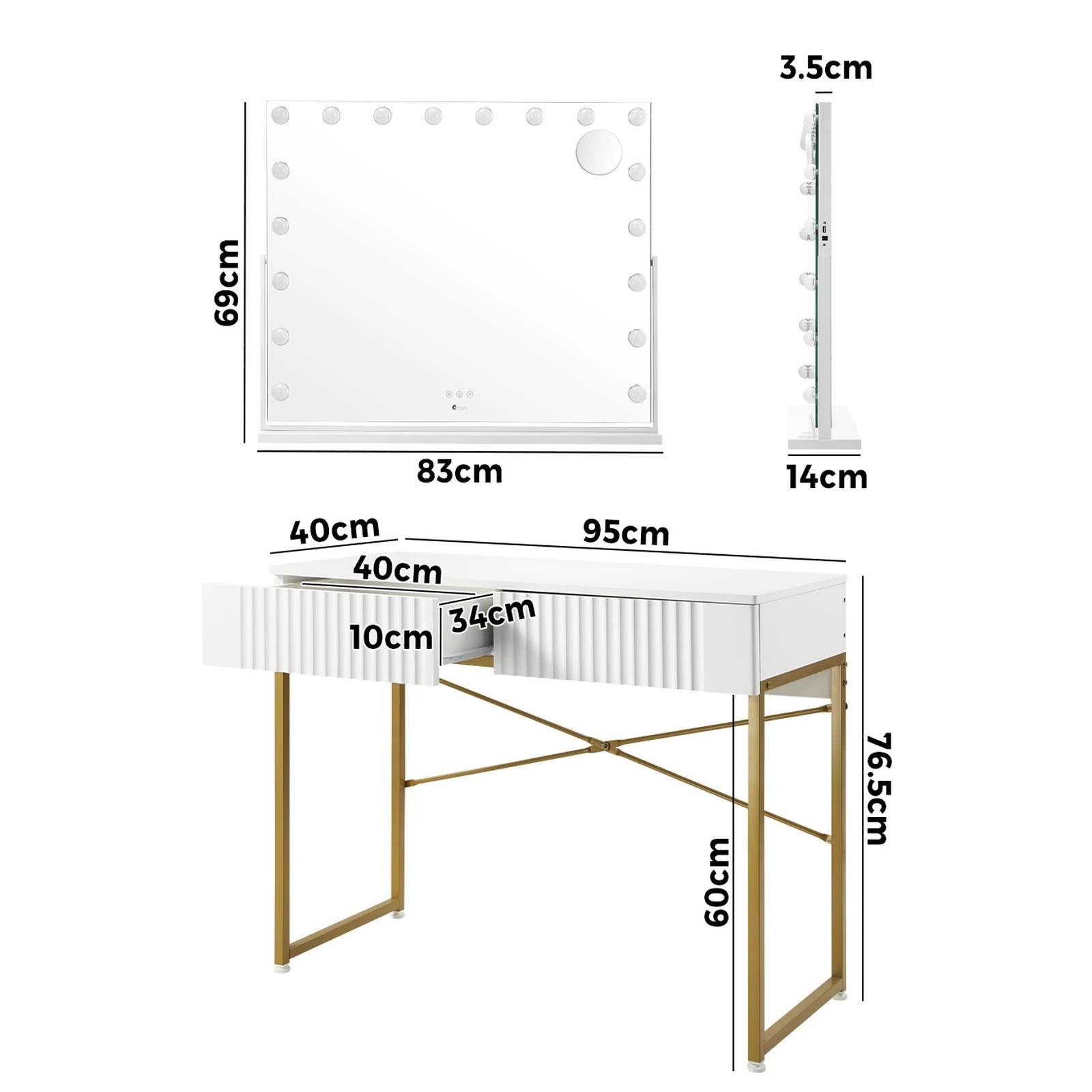 2 Oikiture Dressing Table Bluetooth Hollywood Rotatable Makeup Mirror Vanity Desk - White, 2 of 9