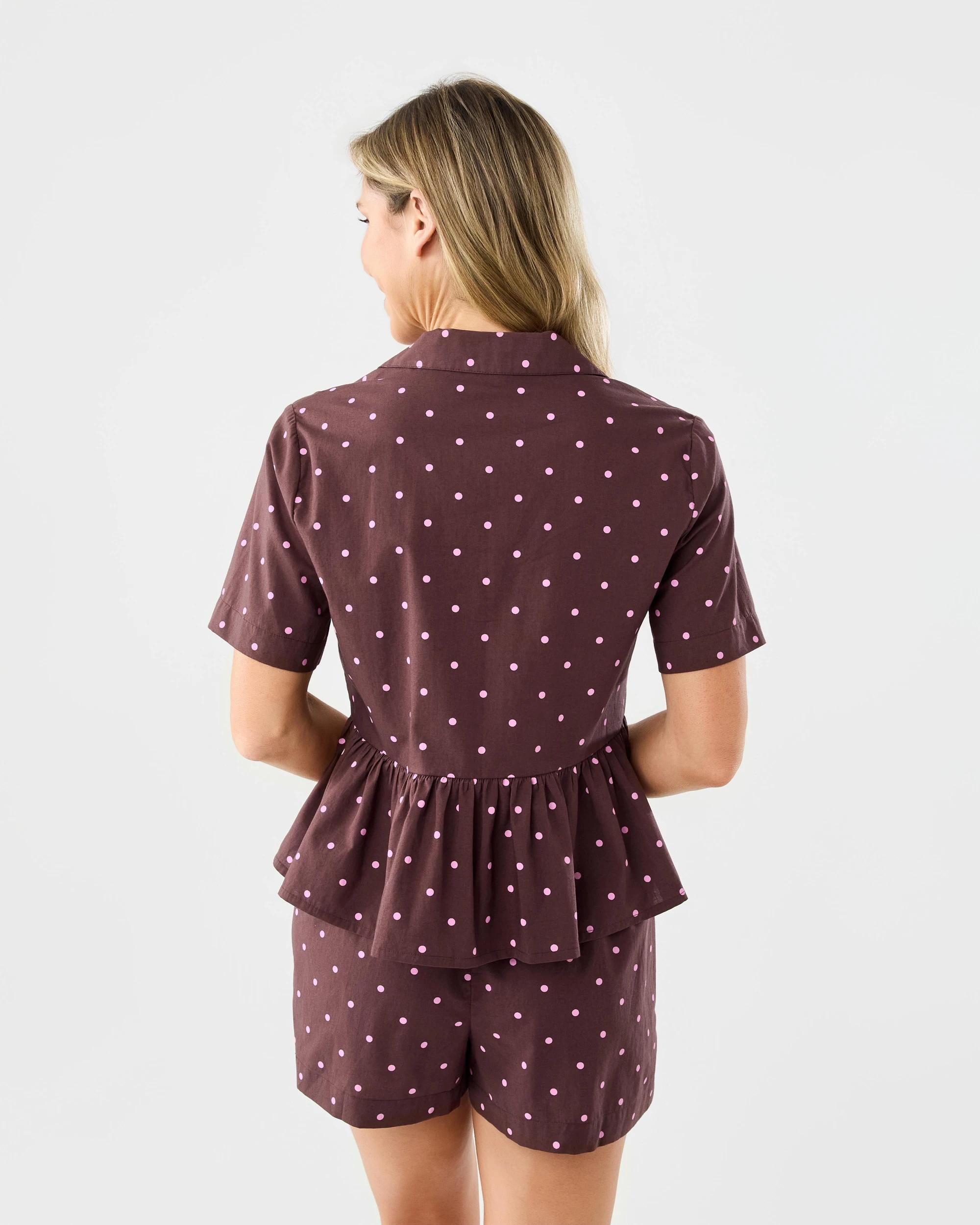 3 Short Sleeve Top and Shorts Cotton Peplum Pyjama Set Dots Choc, 3 of 8