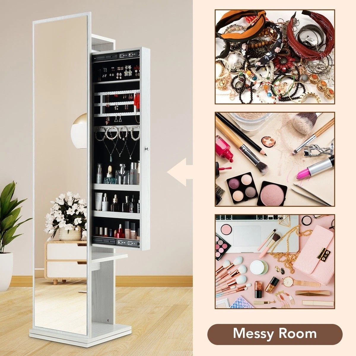 AUSWAY Slim Rotating Mirror Jewellery Storage Cabinet Free Standing ...