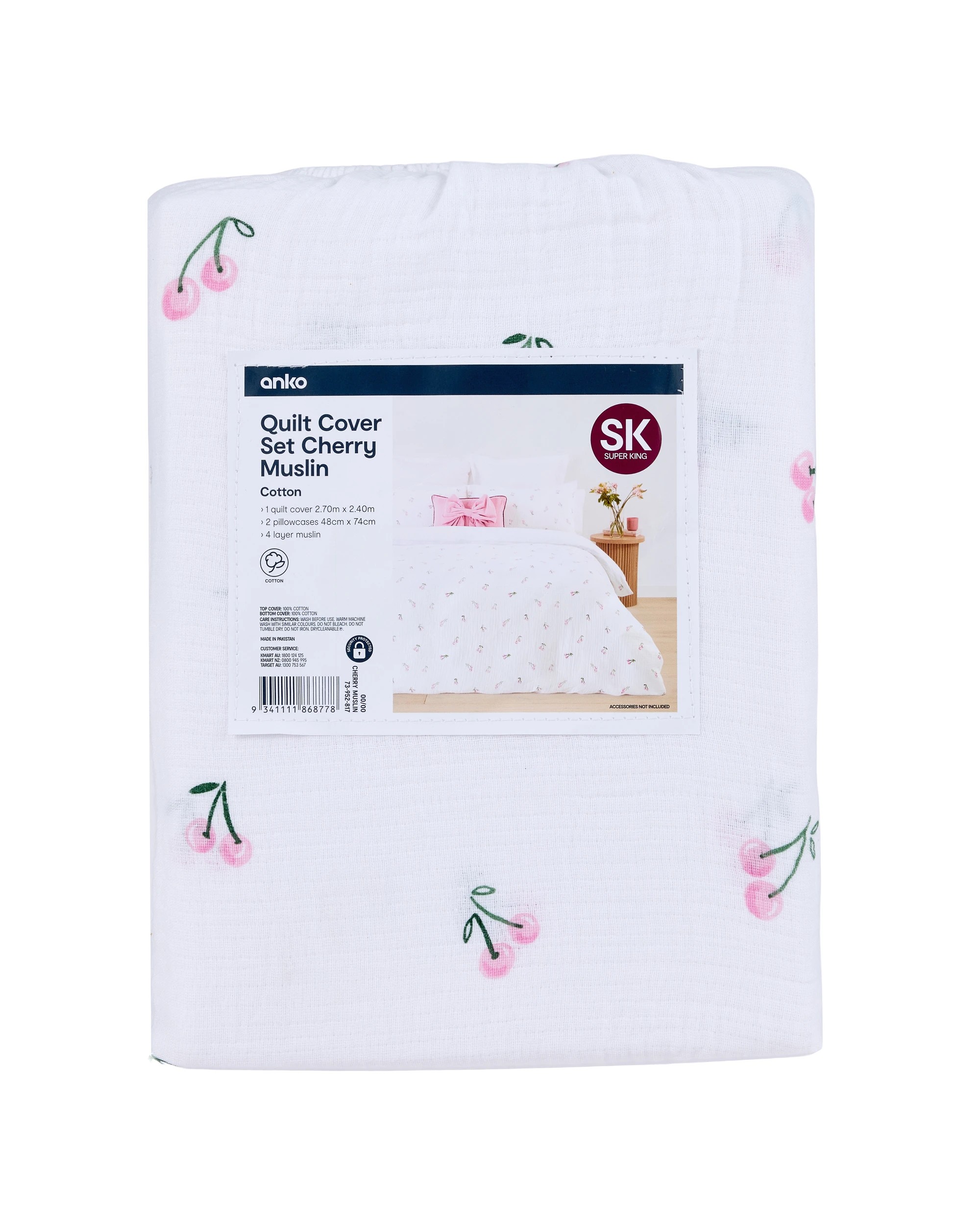 7 Cherry Muslin Cotton Quilt Cover Set - Super King Bed, 7 of 7