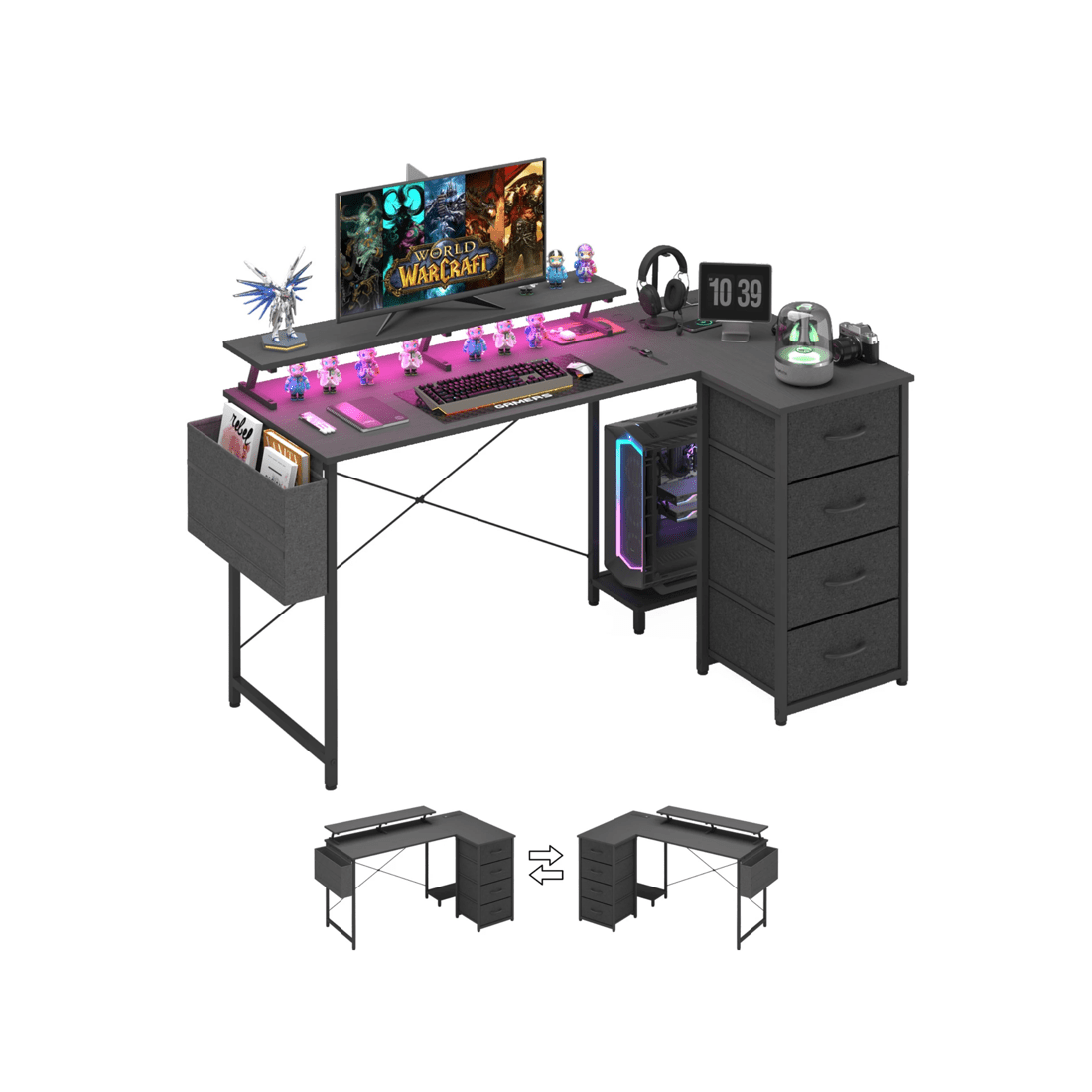 1 Advwin L Shaped Gaming Desk 140cm With Led Lights & Power Outlets Convertible Computer Desk With Monitor Stand Black, 1 of 10