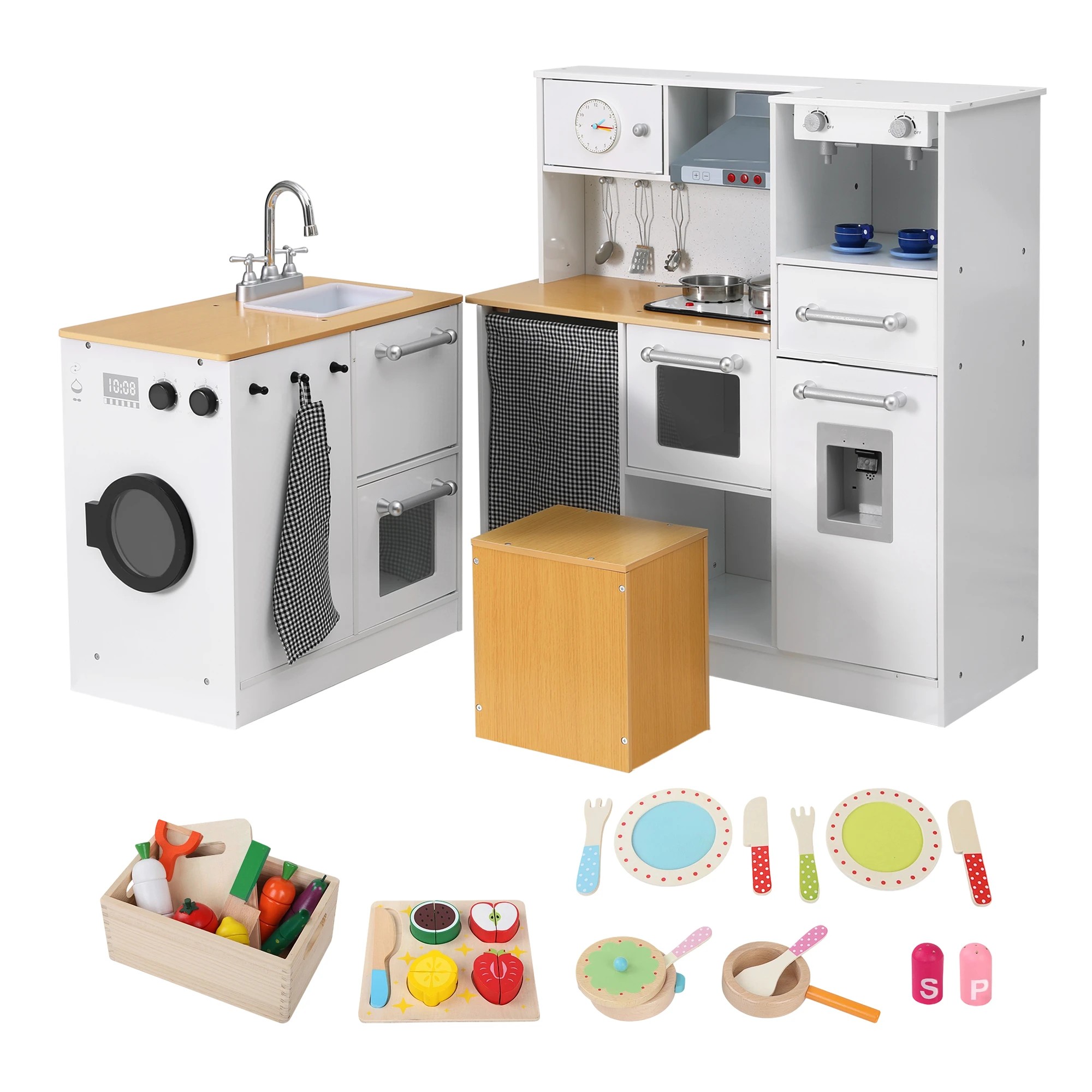 1 Keezi Kids Wooden Pretend Play Kitchen with 29pc Cutting Food Toy Set - Multi, 1 of 8