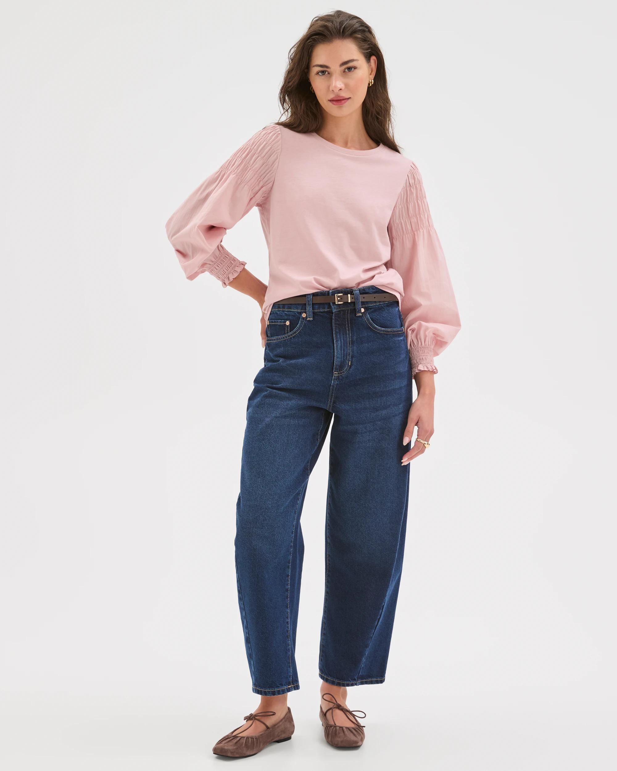2 Target Petites Australian Cotton Long Sleeve Smocked Knit/Woven Top SOFT BLUSH, 2 of 7