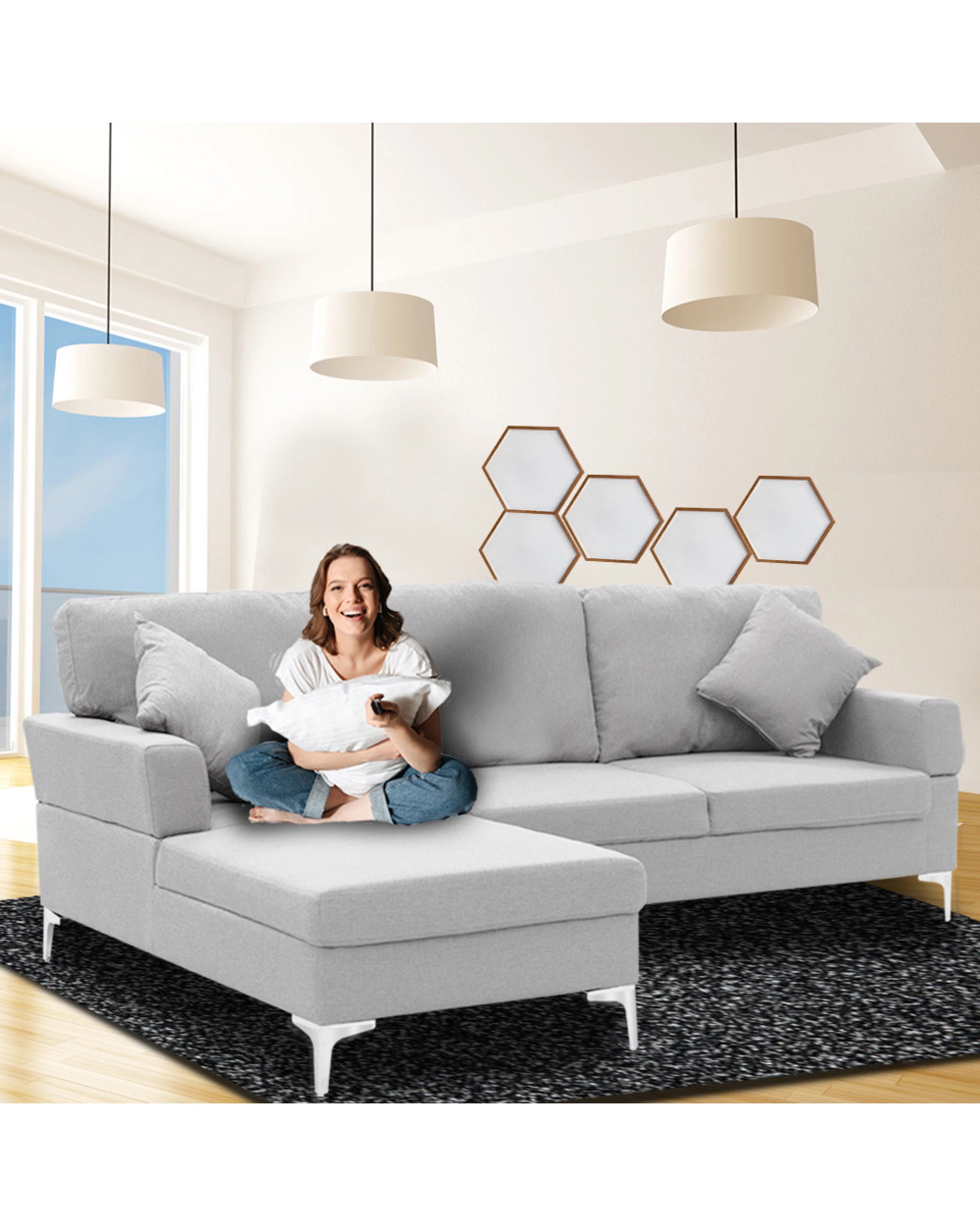 2 Sarantino Linen Corner Sofa Couch Lounge With Chaise Seat Light Grey, 2 of 8