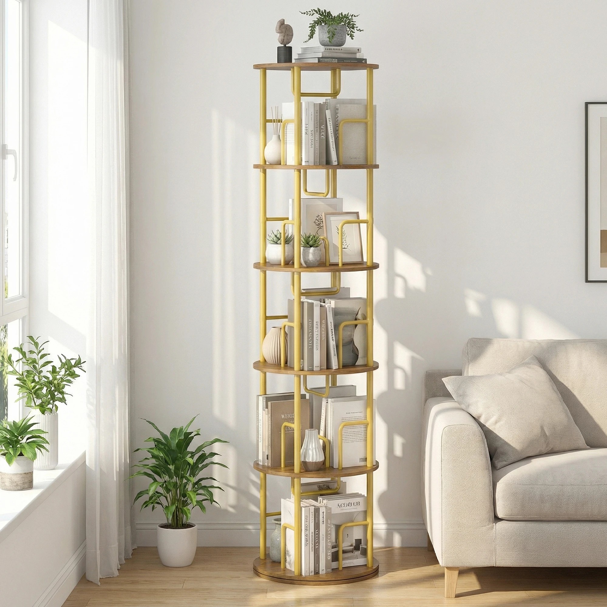 3 Advwin 5 Tier Rotating Bookshelf Round Corner Standing Display Shelf Organizer - Gold, 3 of 6