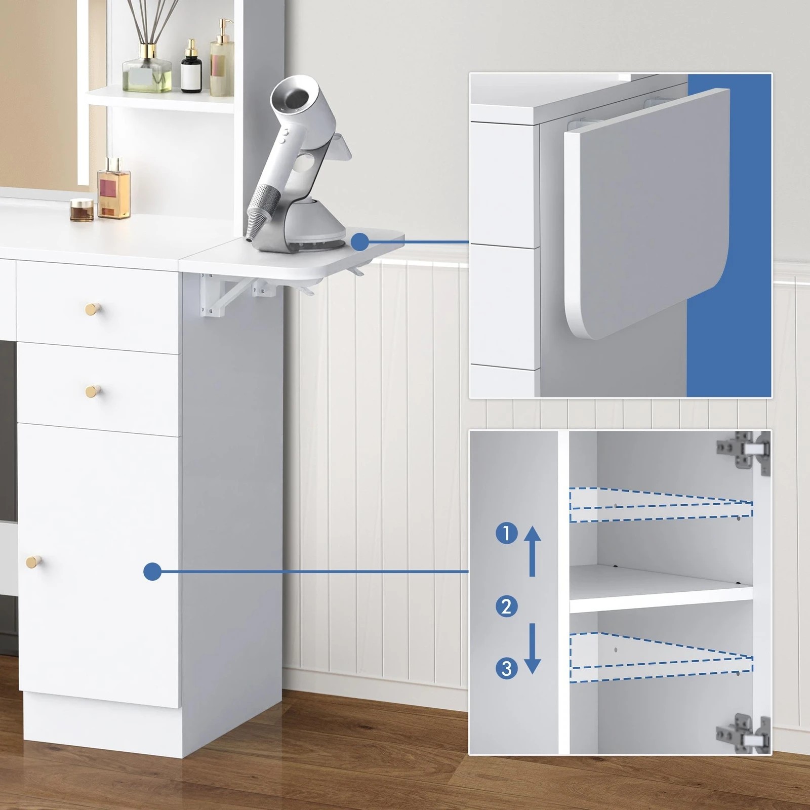 4 Alfordson Dressing Table Stool Set Makeup Mirror LED Vanity 5 Drawers - White, 4 of 9