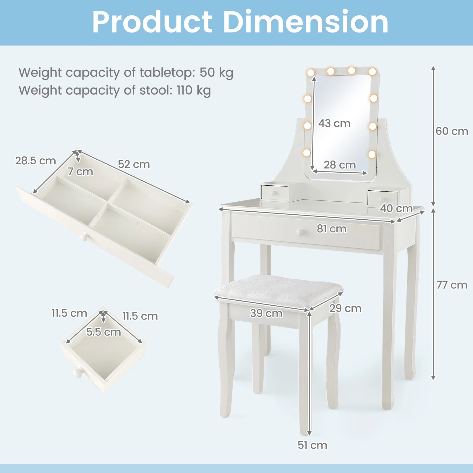 4 Costway Dressing Table Stool Set w/LEDs Rotatable Mirror, 4 of 10