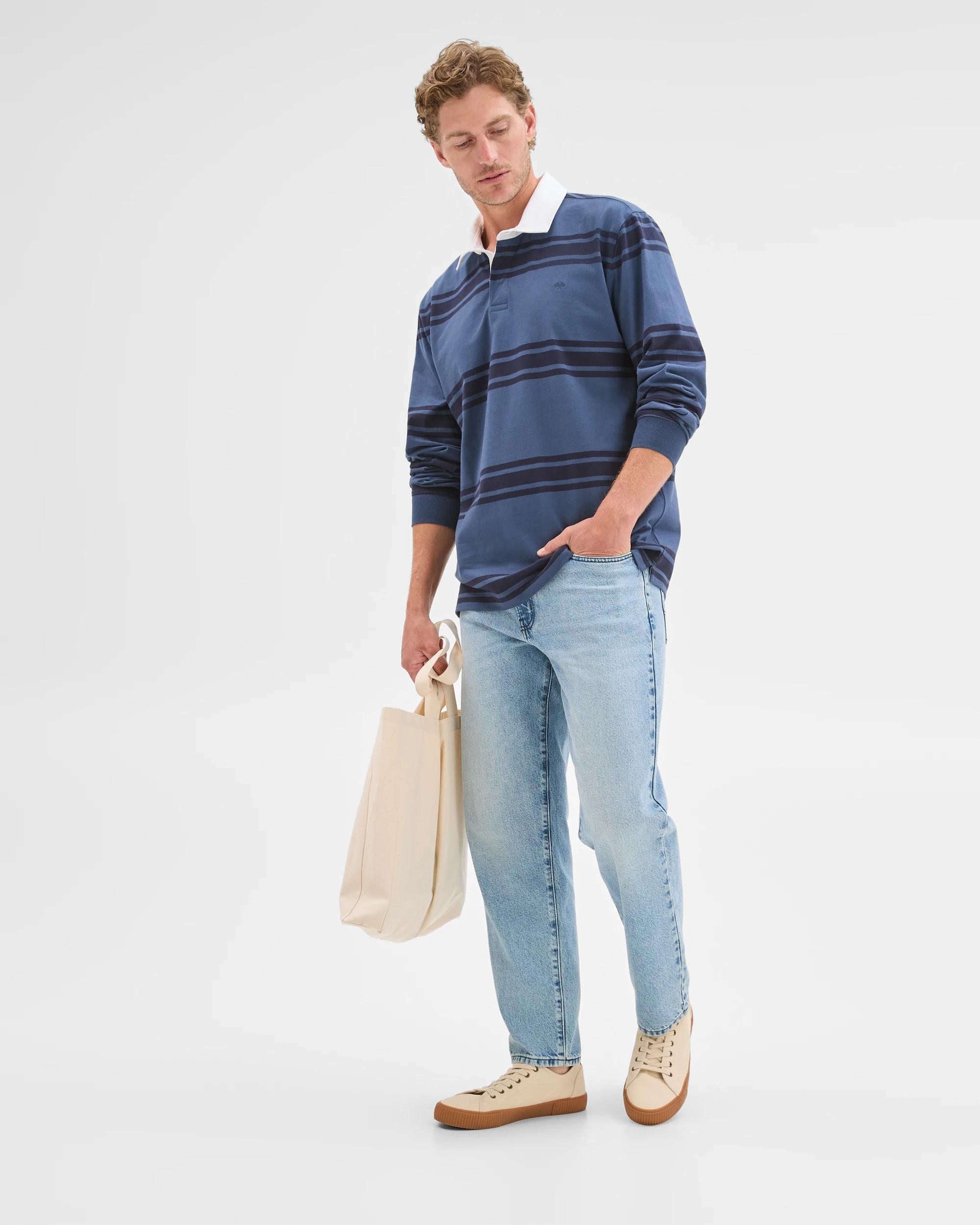 2 Target Man Australian Cotton Long Sleeve Rugby Polo Top DENIM STRIPE, 2 of 7