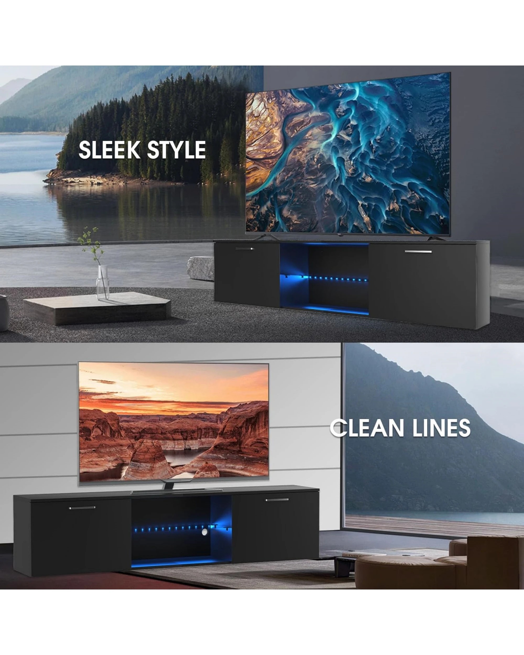 4 Advwin Tv Cabinet 160cm Led Entertainment Unit Stand Glass Shelf Black, 4 of 6