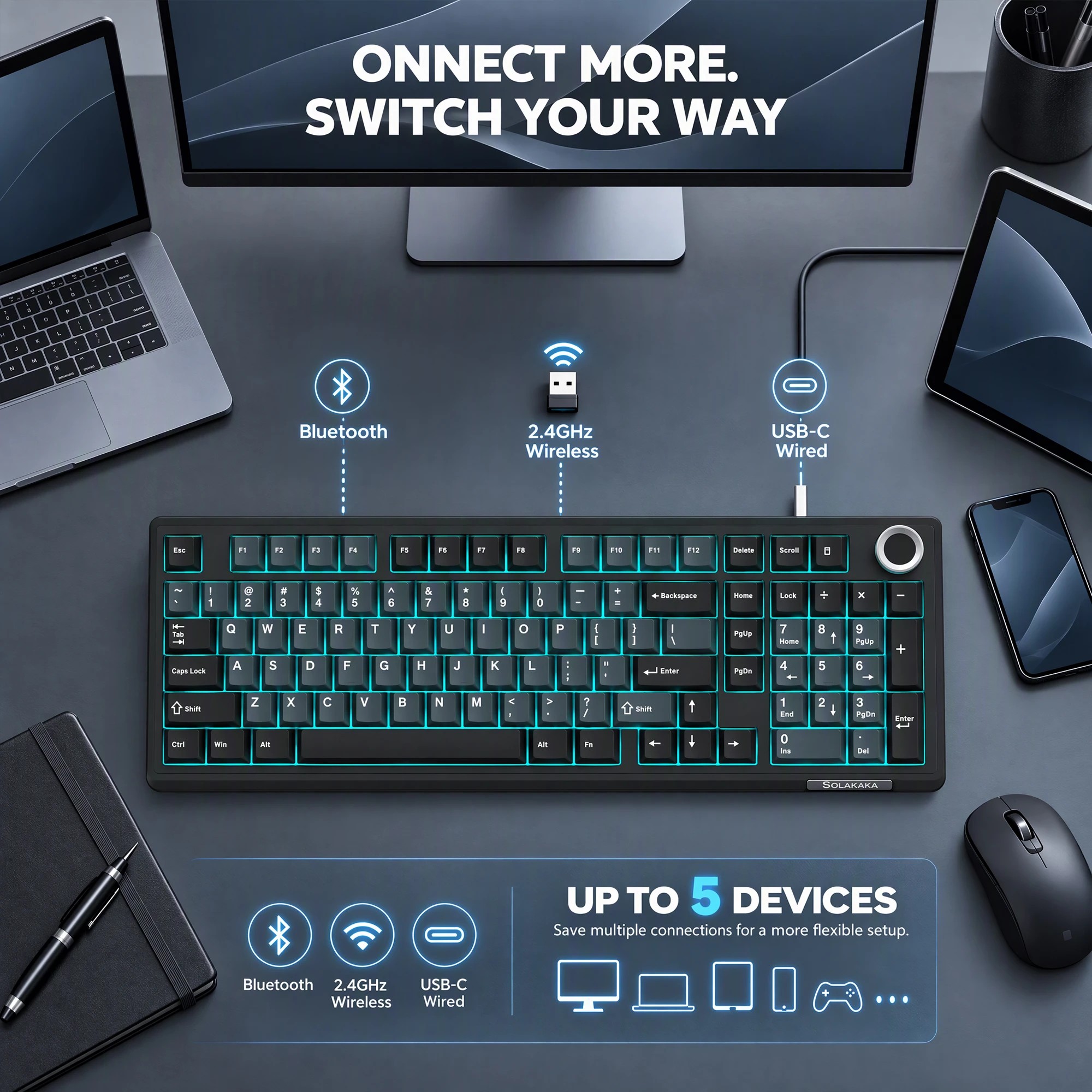 3 Solakaka Ki99 Pro 99-Key Gasket Mechanical Keyboard Tri-Mode Hot-Swap Knob - Blue, 3 of 8