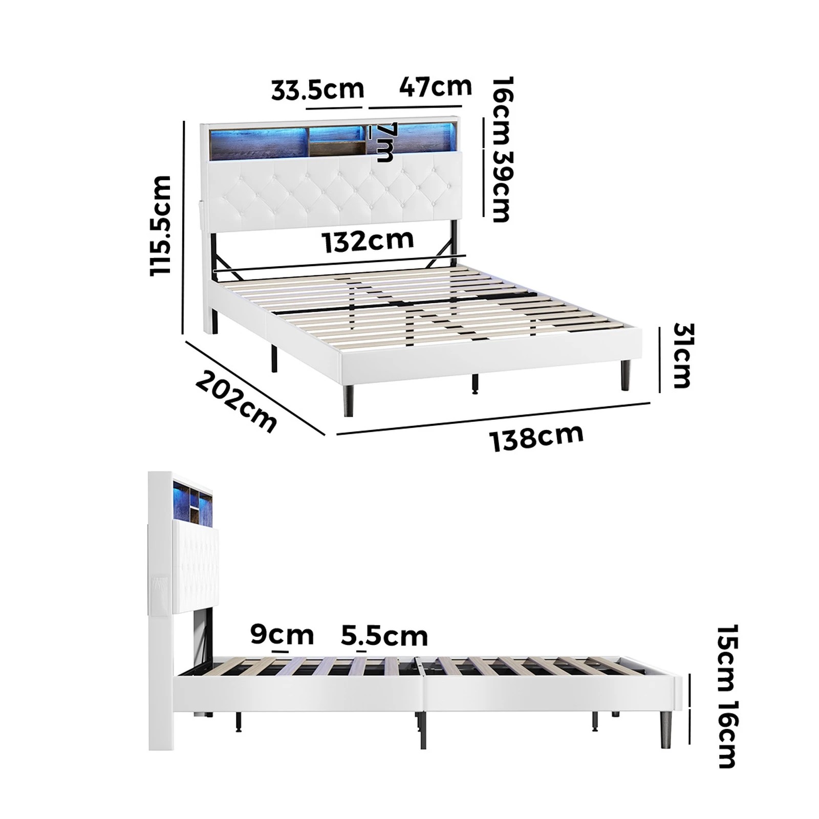 2 Oikiture Bed Frame Double Size with LED Storage Bedhead - White, 2 of 9