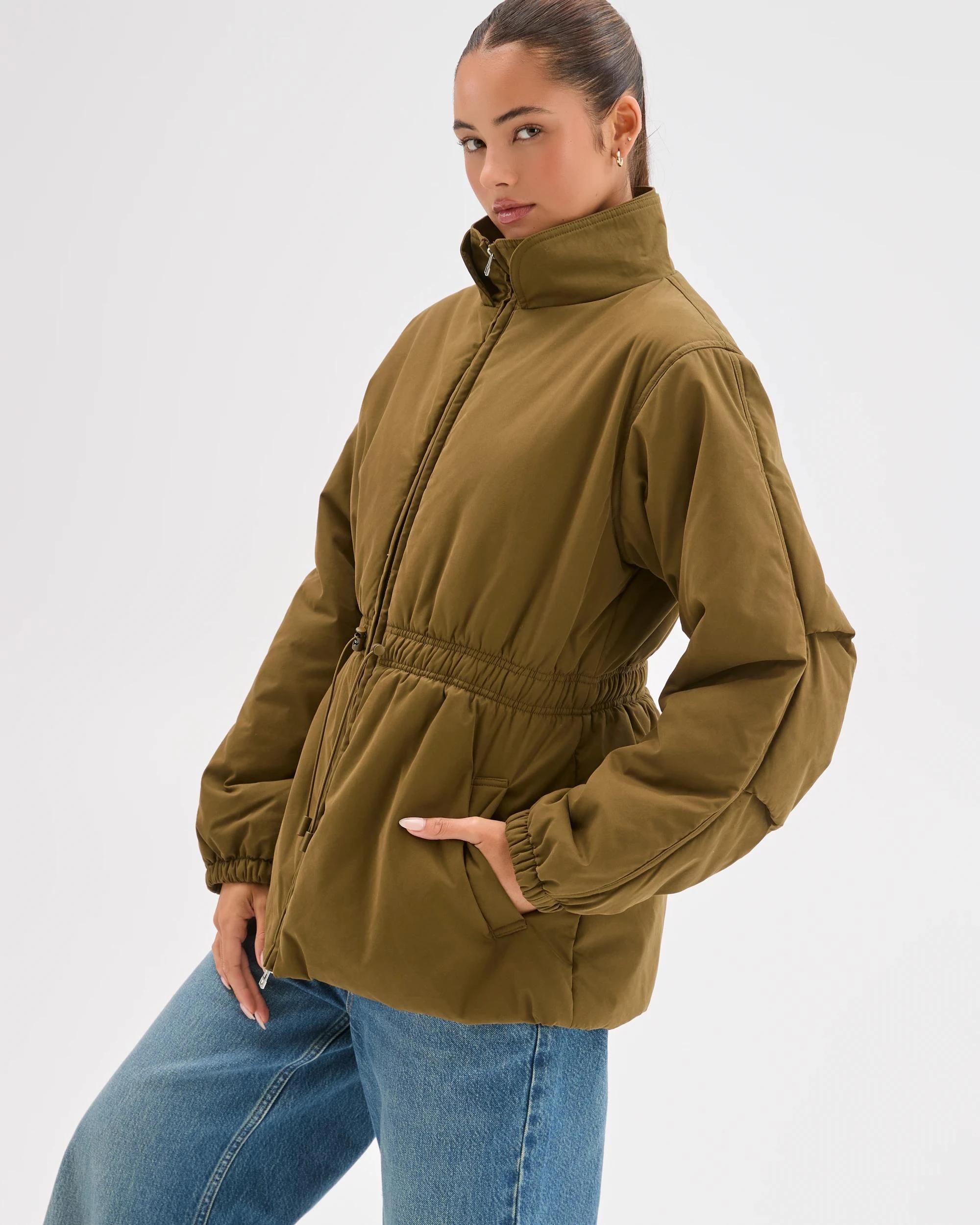 3 Lily Loves Australian Cotton Blend Cinched Puffer Jacket WOODLAND GREEN, 3 of 8