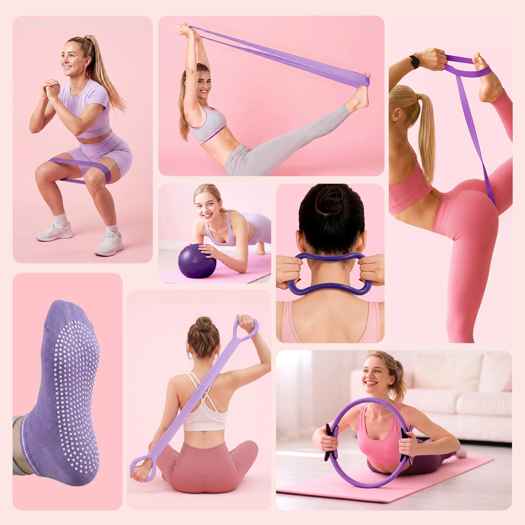 4 Everfit Pilates Ring Set 15Pcs Home Workout Fitness Equipment Yoga Ball Socks Starter Kit - Purple, 4 of 9