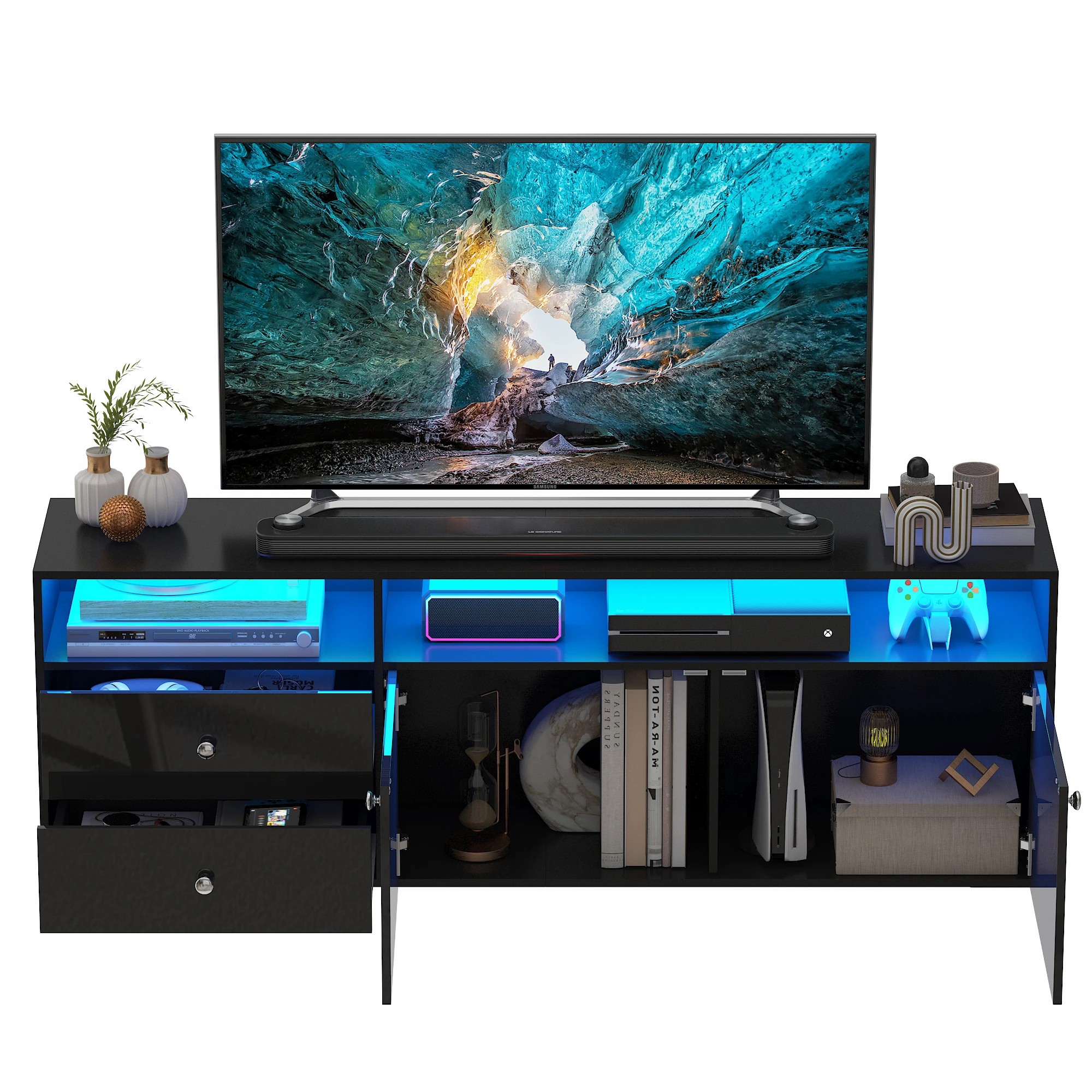 6 Advwin LED TV Cabinet 140cm Entertainment Center Media Console Table with High Gloss Drawer & Cabinets - Black, 6 of 9