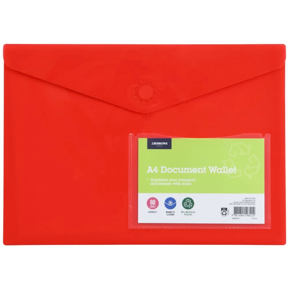 1 J.Burrows A4 Document Wallet Magnetic Closure Red, 1 of 4