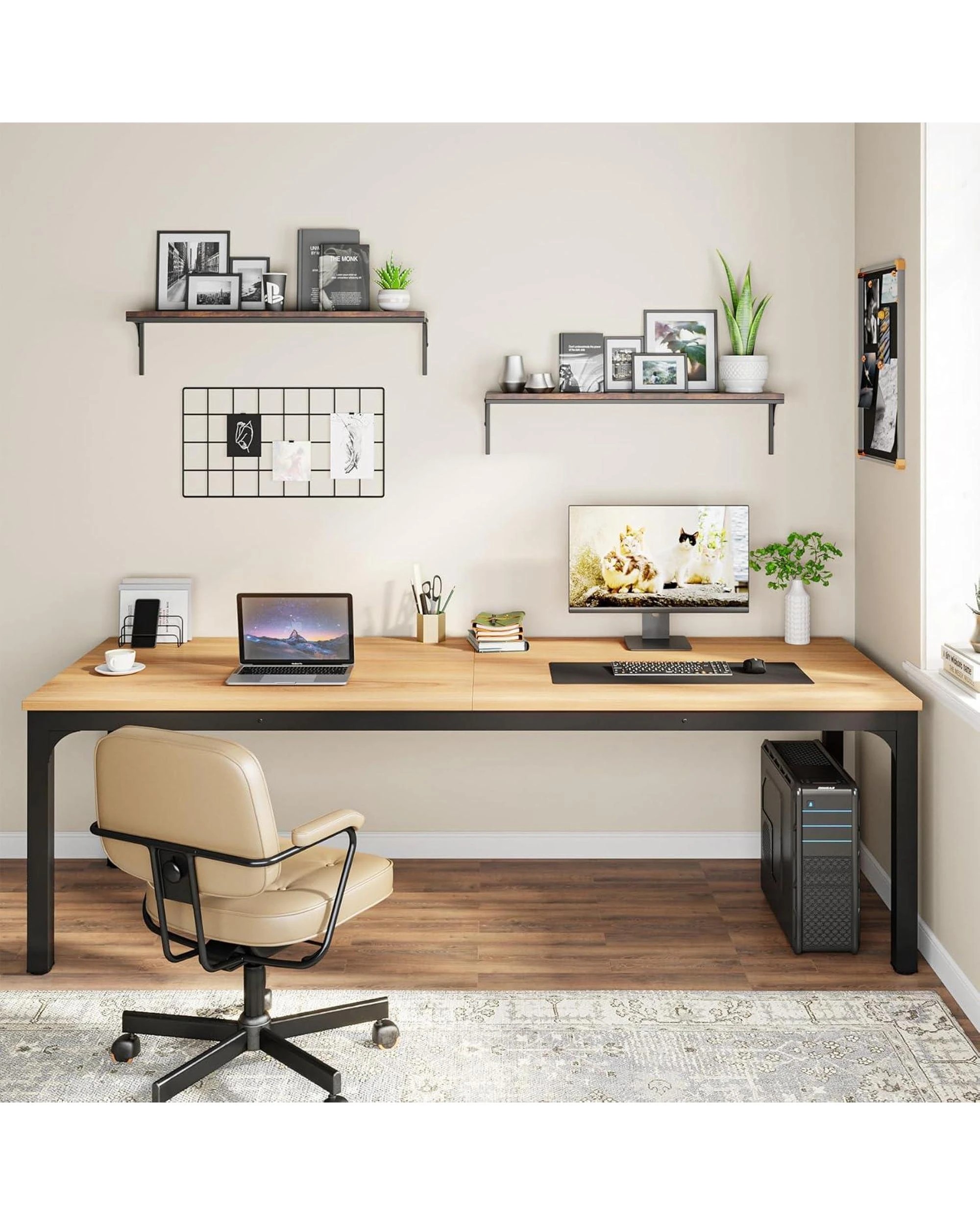 2 OAKORY 200cm Home Office Desk for Two People, Large Writing Desk with Heavy-Duty Metal Legs, Black & Light Walnut, 2 of 8