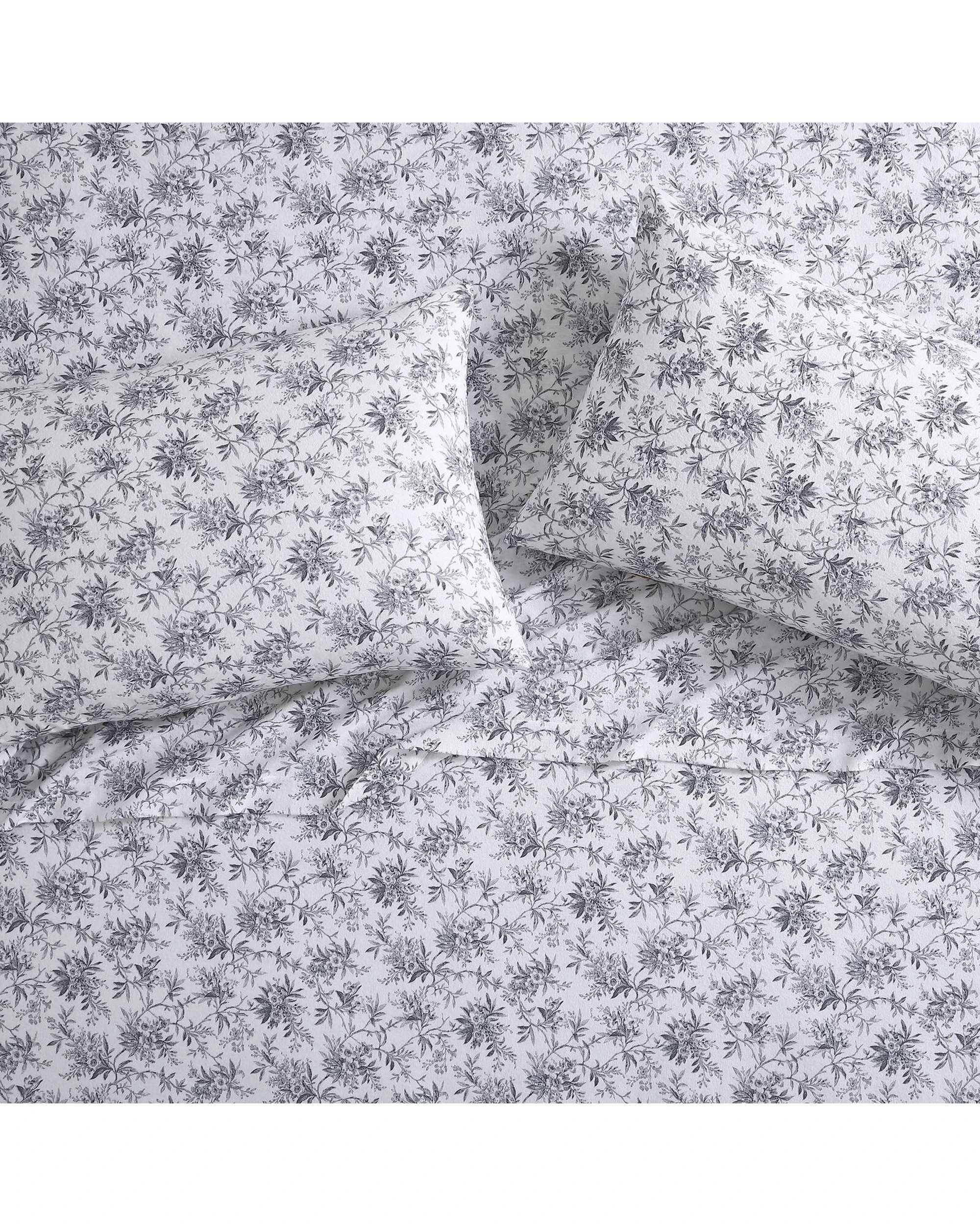 2 Laura Ashley Flannelette Cotton Fitted Bed Sheet Set With Pillowcase - King Bed - Black, 2 of 4