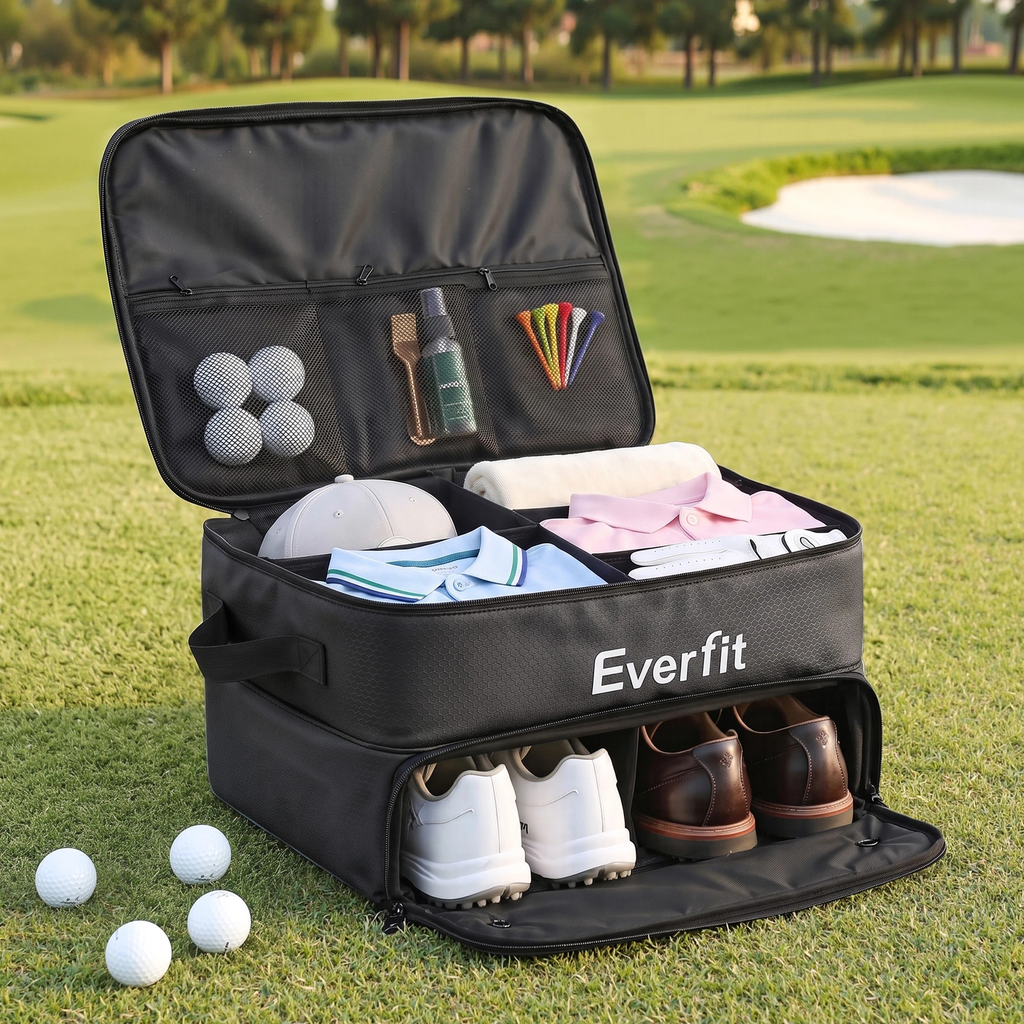 8 Everfit Golf Trunk Organizer for Car, 2-Tier Golf Storage Bag with Ventilated Shoe Compartment - Black, 8 of 8