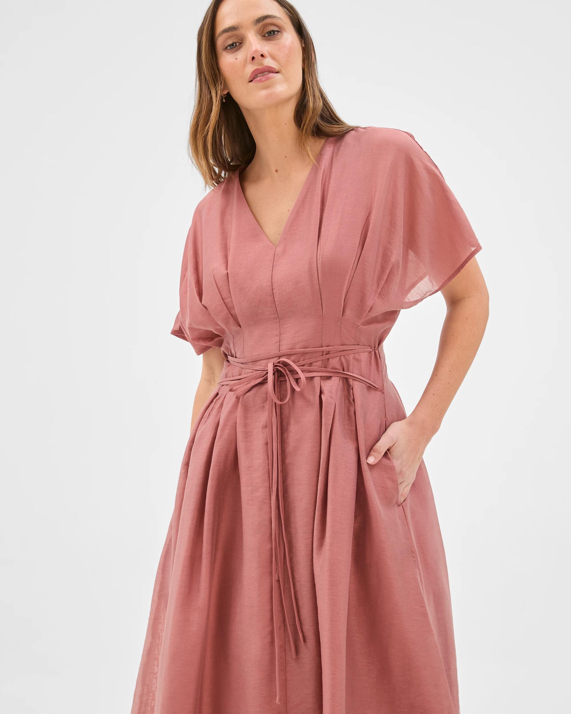 3 Preview Short Sleeve Tuck Detail Midi Dress ROSE SMOKE, 3 of 10