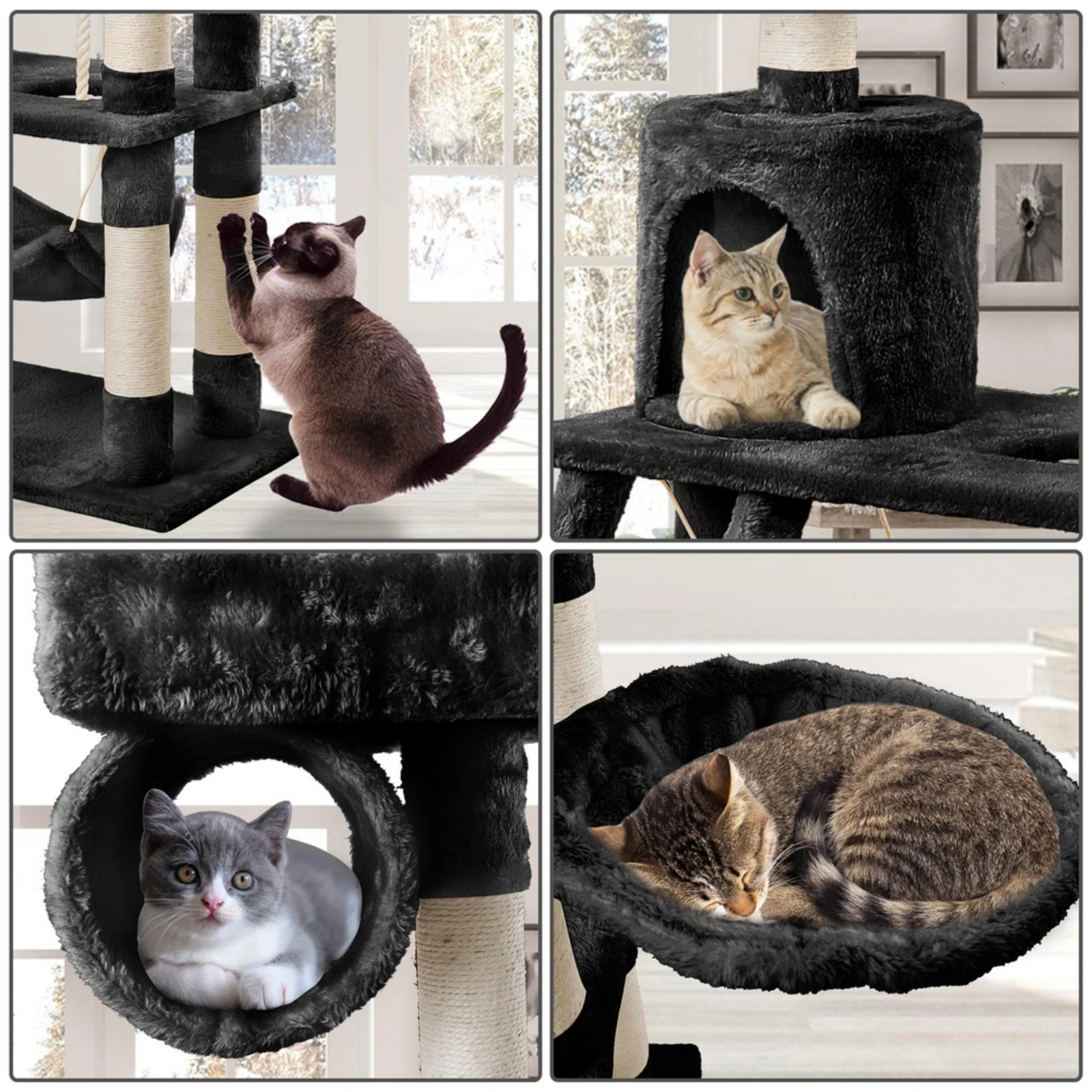 2 Beastie Cat Tree Scratching Post Scratcher Tower Condo House Furniture Wood 141CM - Black, 2 of 6