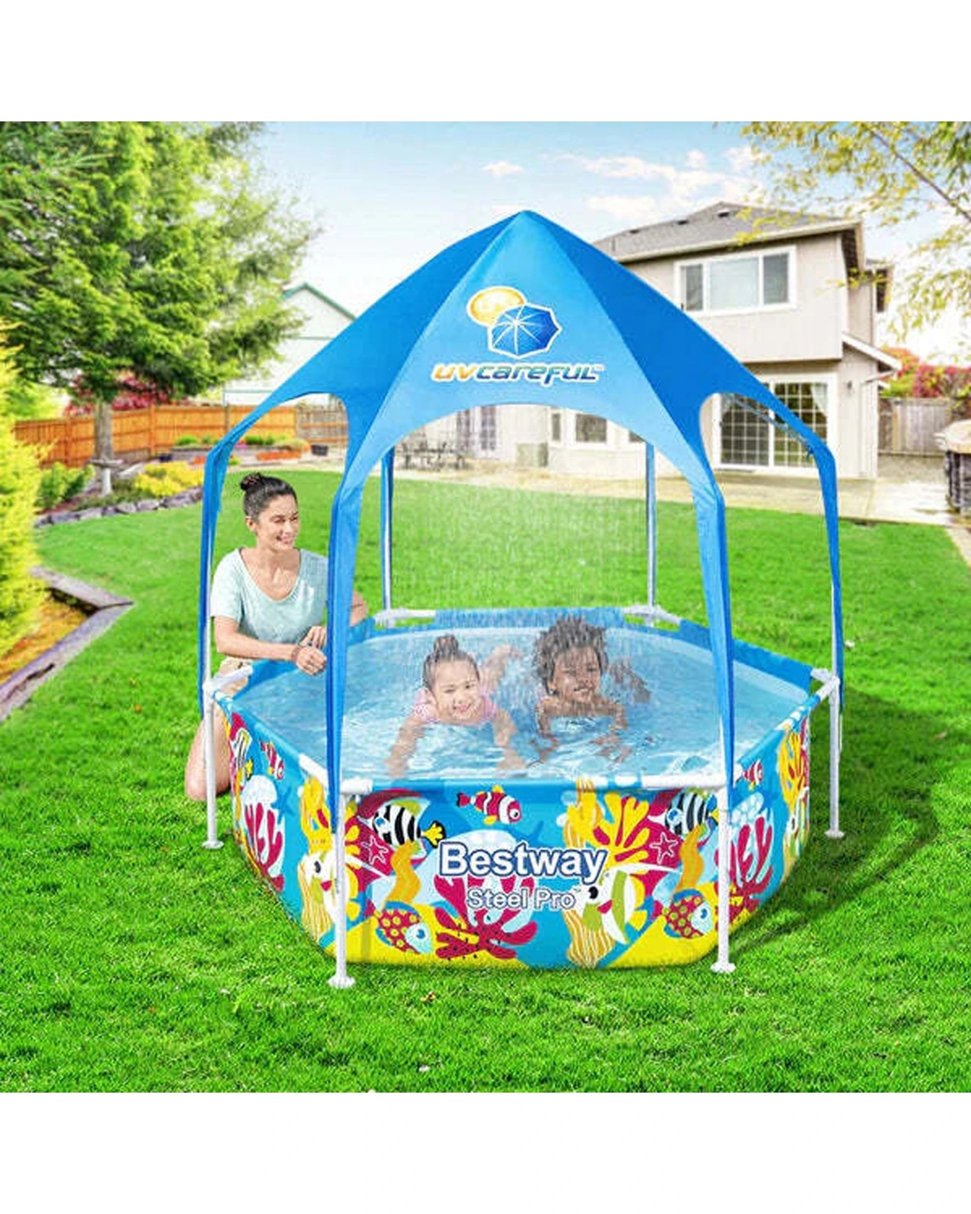 Bestway Steel Pro UV Splash-In-Shade Kids Play Pool With Canopy Shade ...