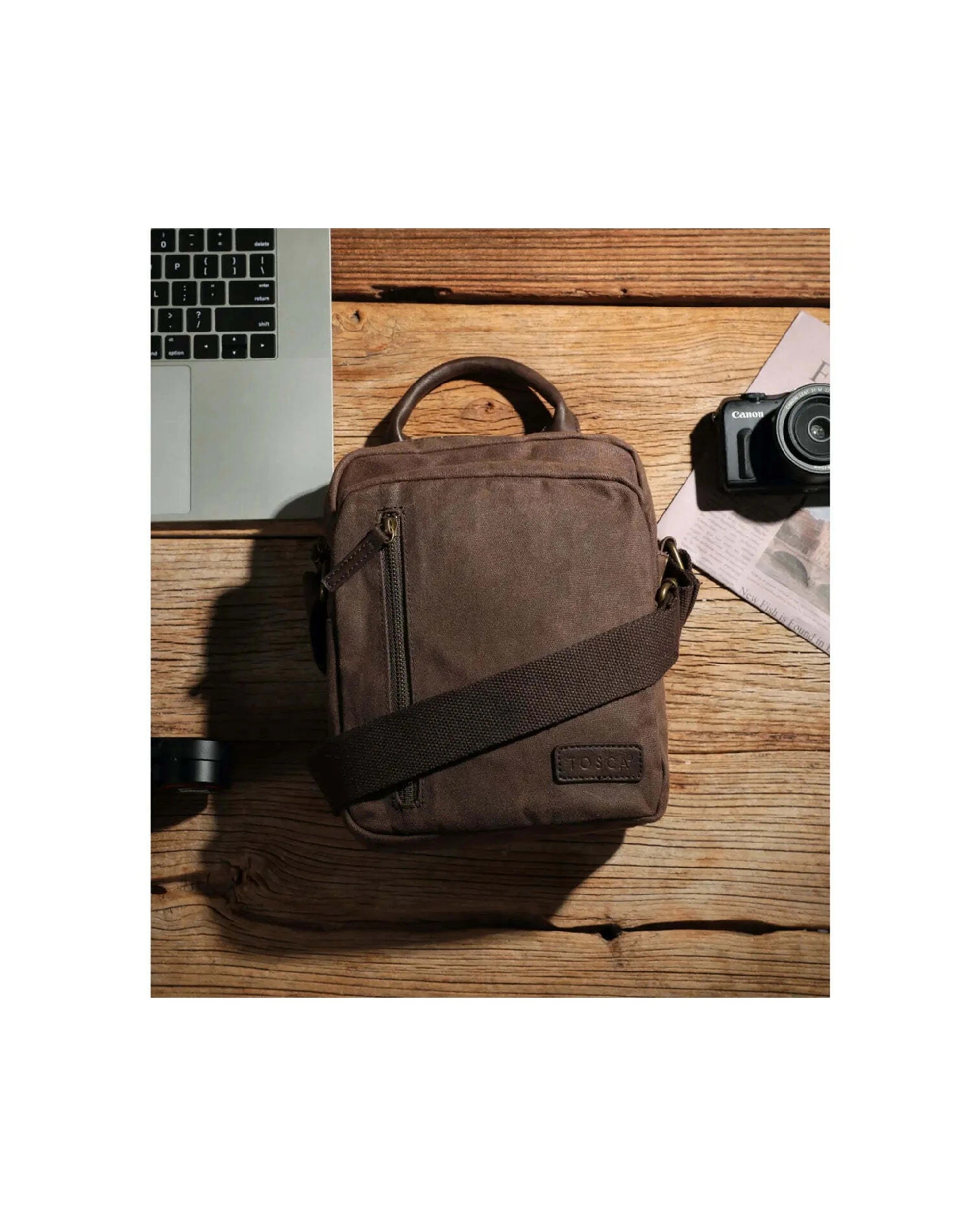 3 Tosca Waxed Canvas Cross Bag with Adjustable Strap 20cm Durable Stylish - Brown, 3 of 3