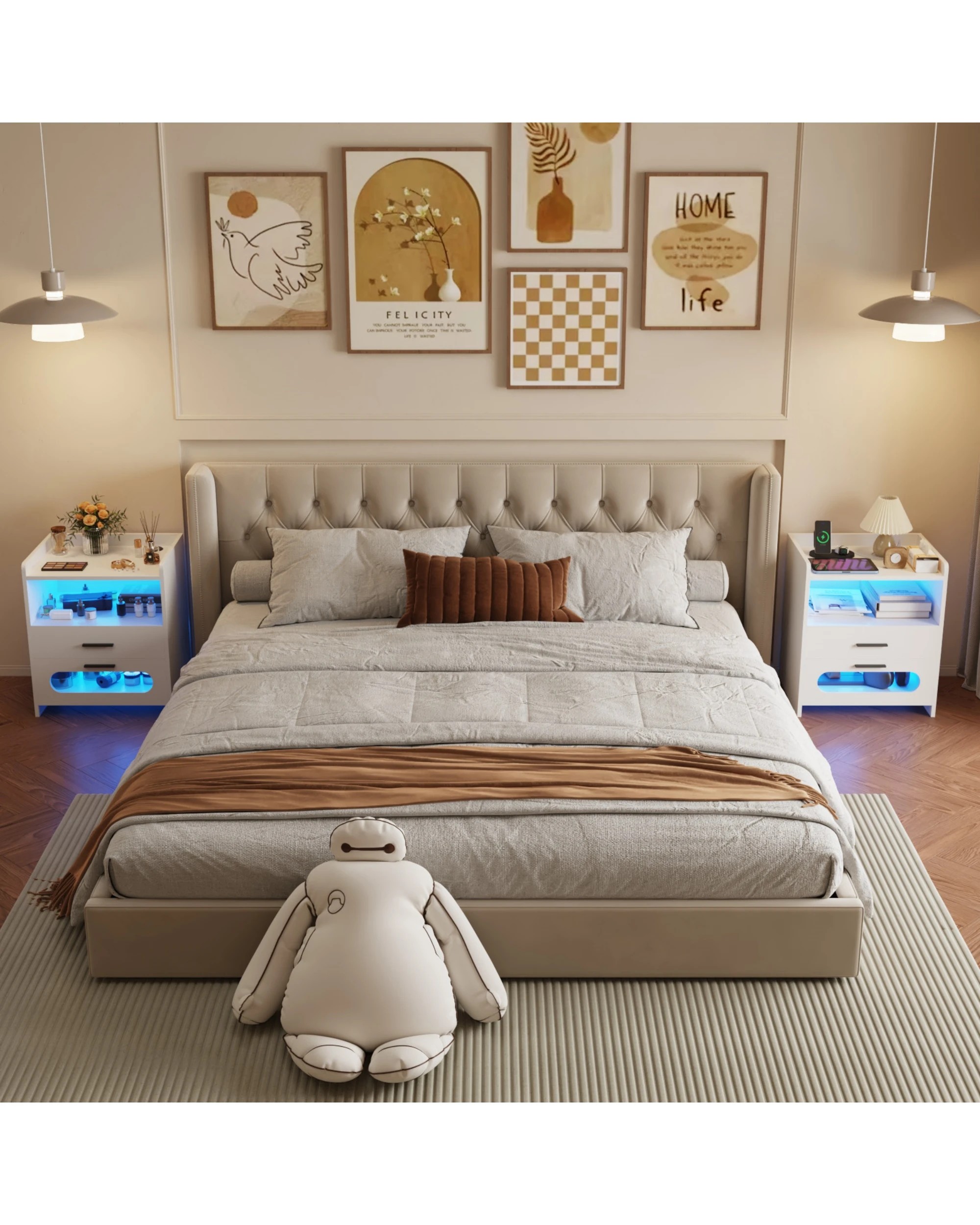 5 Advwin Set of 2 Bedside Table Wireless Charging Station Led Lights 2 Drawers - White, 5 of 7