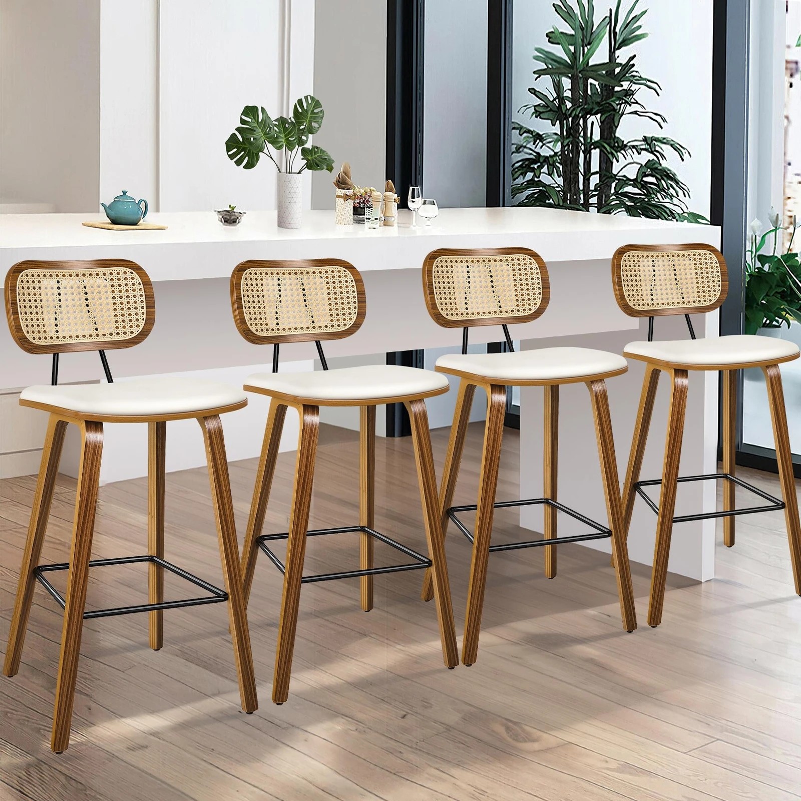 2 Alfordson 4x Bar Stools Kitchen Vintage Leather Seat Rattan Chair Wooden - White, 2 of 9