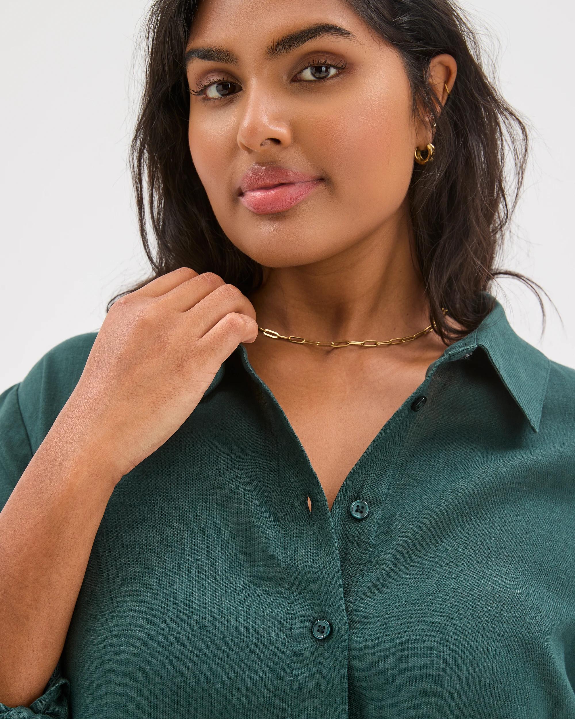 5 Target Curve Plus Size European Linen Shirt DEEP GREEN, 5 of 6