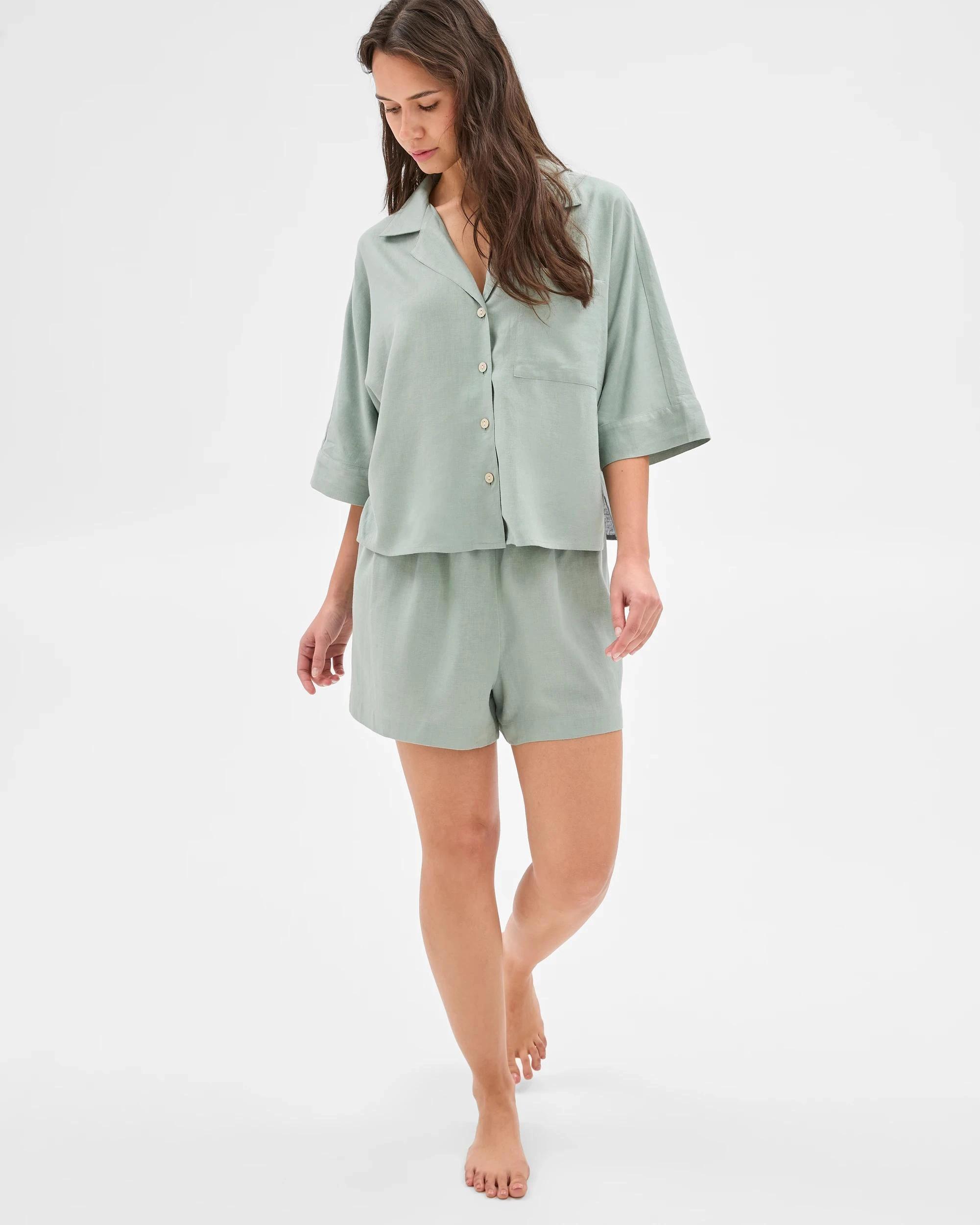 3 Target Womens Linen Blend Shorts and Shirt Pyjama Set JADEITE GREEN, 3 of 5