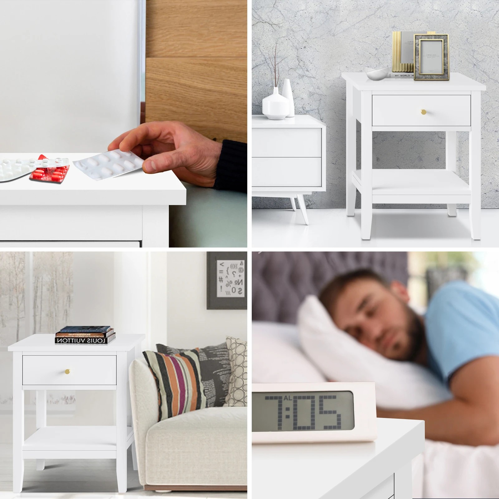 4 Alfordson Bedside Table Hamptons Nightstand Storage Side End 1 Drawer - White, 4 of 10