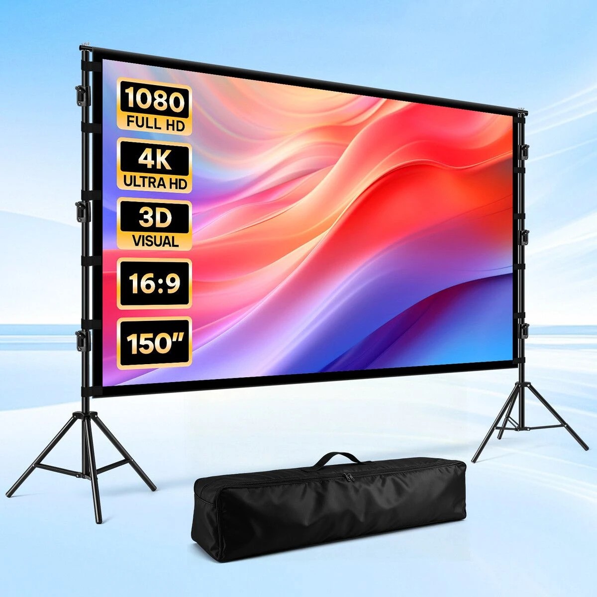 2 AUSWAY 150 Inch Projector Screen Tripod Stands 4K Ultra HD 16:9 Large, 2 of 4