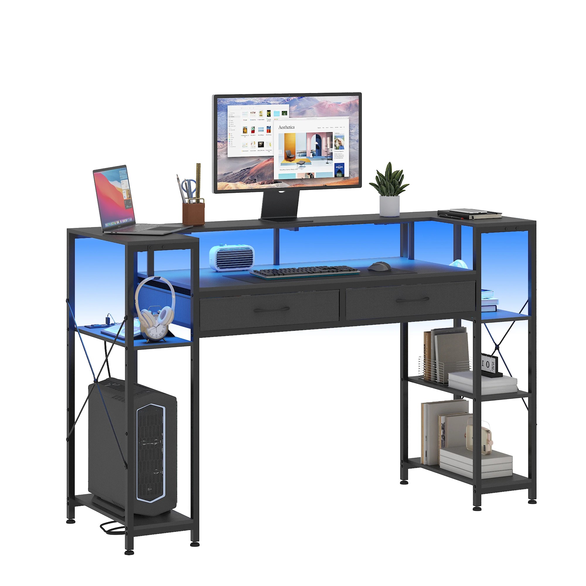 6 Advwin LED Gaming Desk w/ Monitor Stand & Power Outlets  Computer Table w/ Shelf hook - Black, 6 of 9