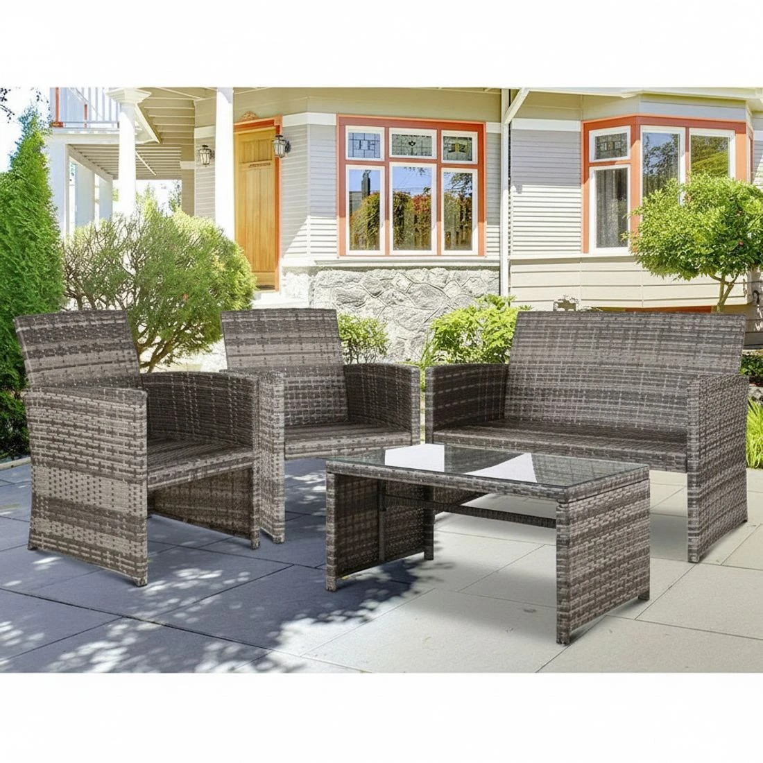 5 Gardeon 4 PCS Outdoor Sofa Set Rattan Chair Table Setting Garden Furniture - Grey, 5 of 5