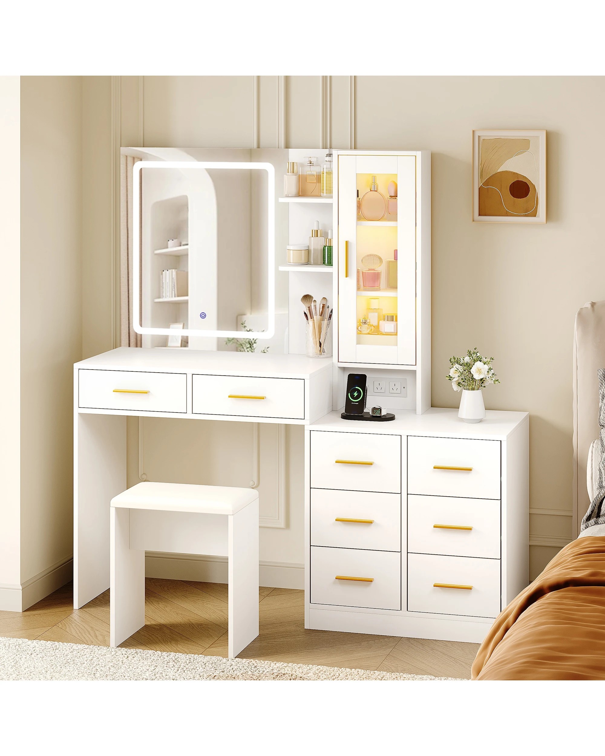 2 Advwin Dressing Table with LED Mirror RGB Cabinet 8 Drawers & Charging Station - White, 2 of 9