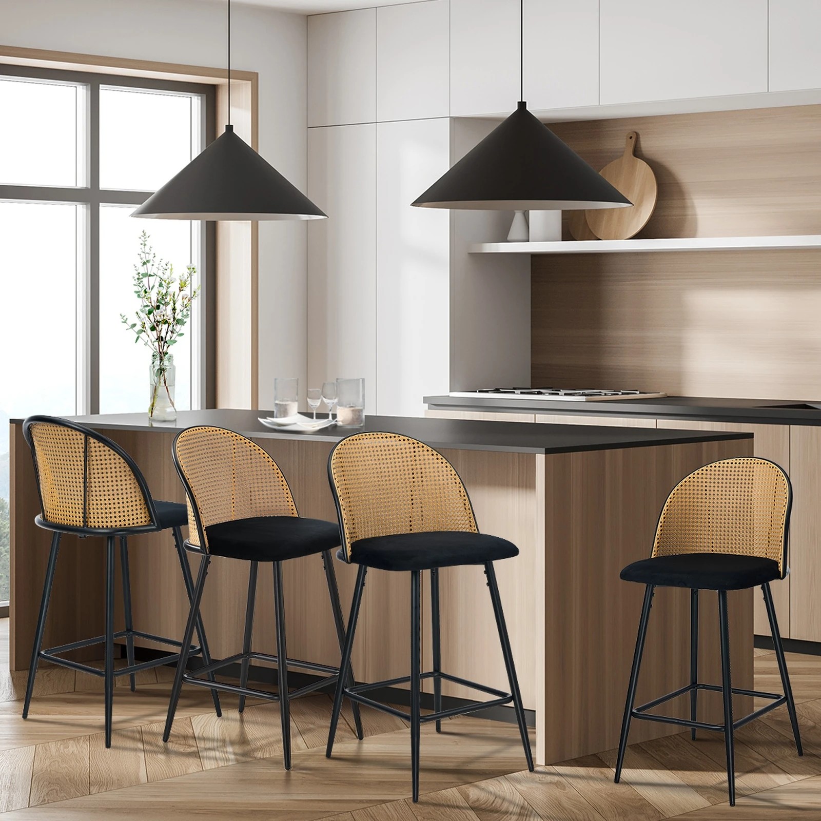 3 Oikiture Bar Stools Kitchen Counter Stool Rattan Dining Chair Velvet X4
 - Black, 3 of 10