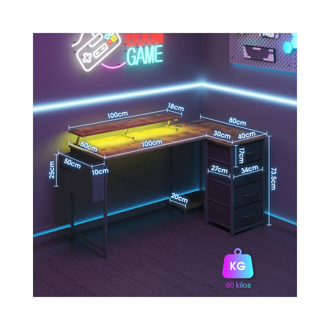 2 Advwin 140cm Walnut L Shaped Computer Desk With Led Lights & Power Outlets, 2 of 10