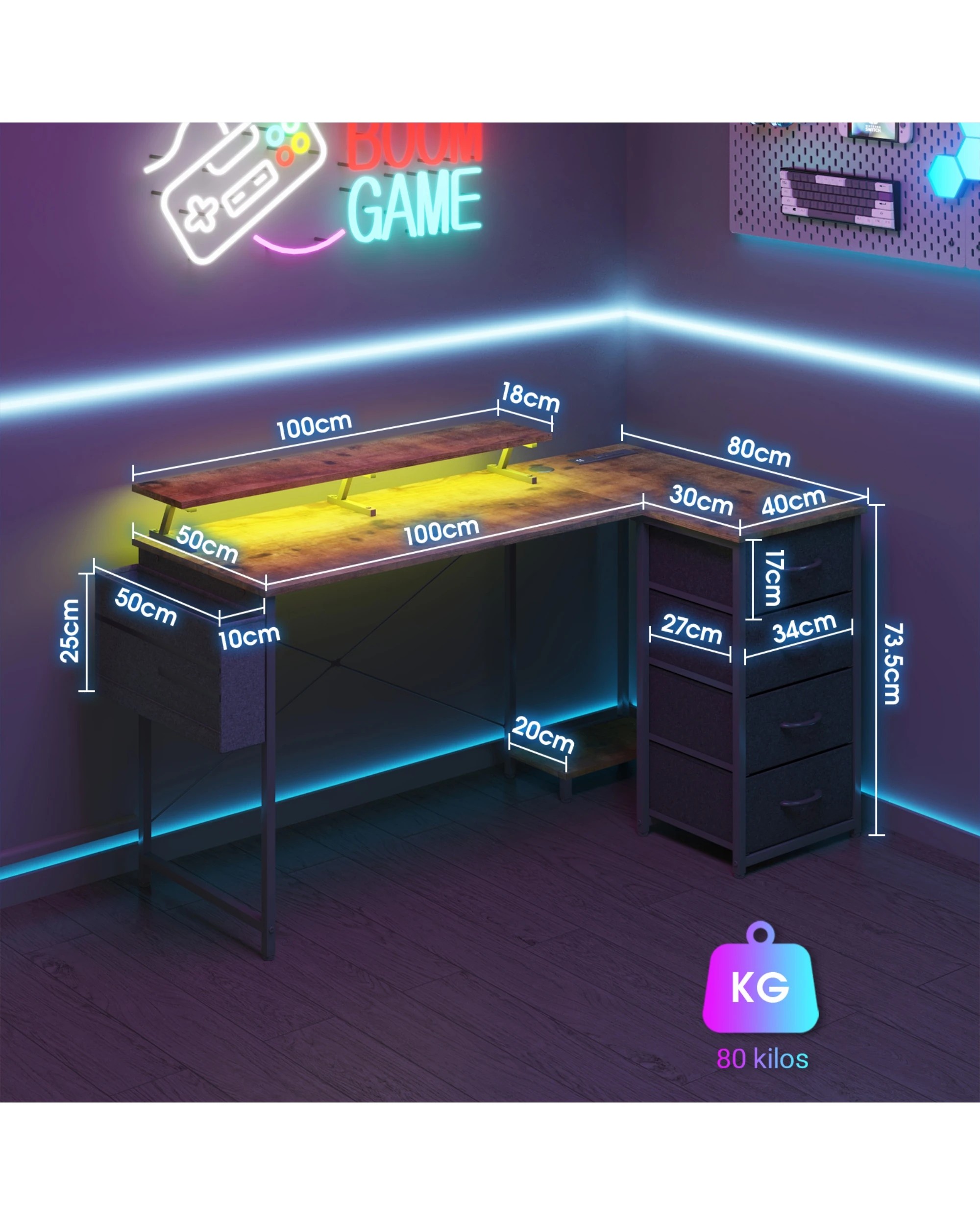 2 Advwin 140cm Walnut L Shaped Computer Desk With Led Lights & Power Outlets, 2 of 9