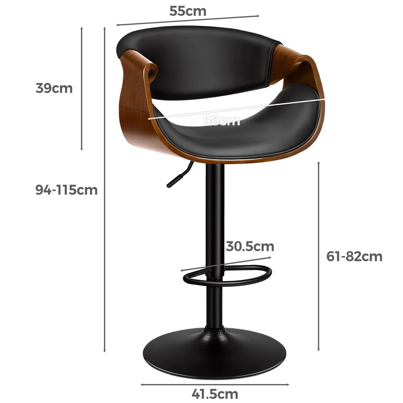 7 Alfordson 1x Bar Stool Kitchen Swivel Chair Wooden Leather Gas Lift Trice - Black, 7 of 10