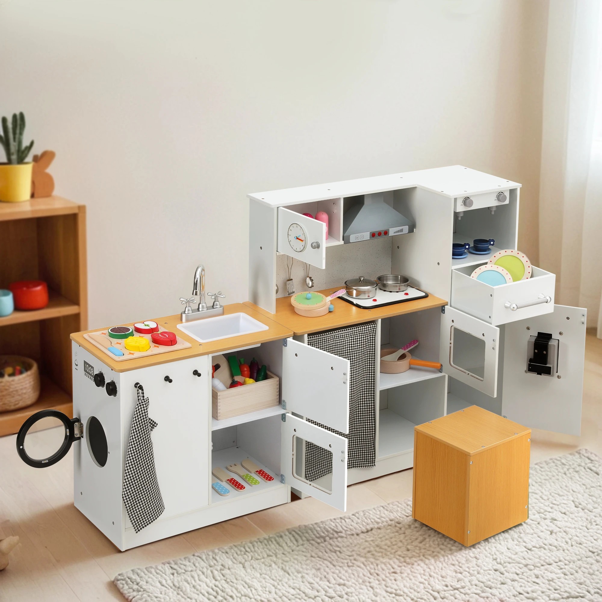 7 Keezi Kids Wooden Pretend Play Kitchen with 29pc Cutting Food Toy Set - Multi, 7 of 8