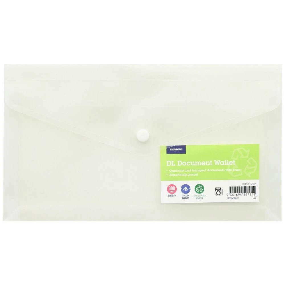 1 J.Burrows DL Button Document Wallet Clear, 1 of 3