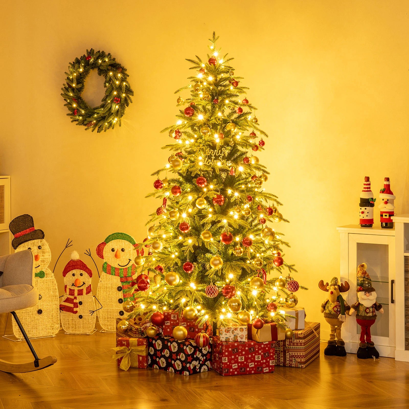 4 Costway 185cm PE & PVC Artificial Christmas Tree Pre-Lit Hinged Xmas Tree 11 Lighting Modes, 4 of 7