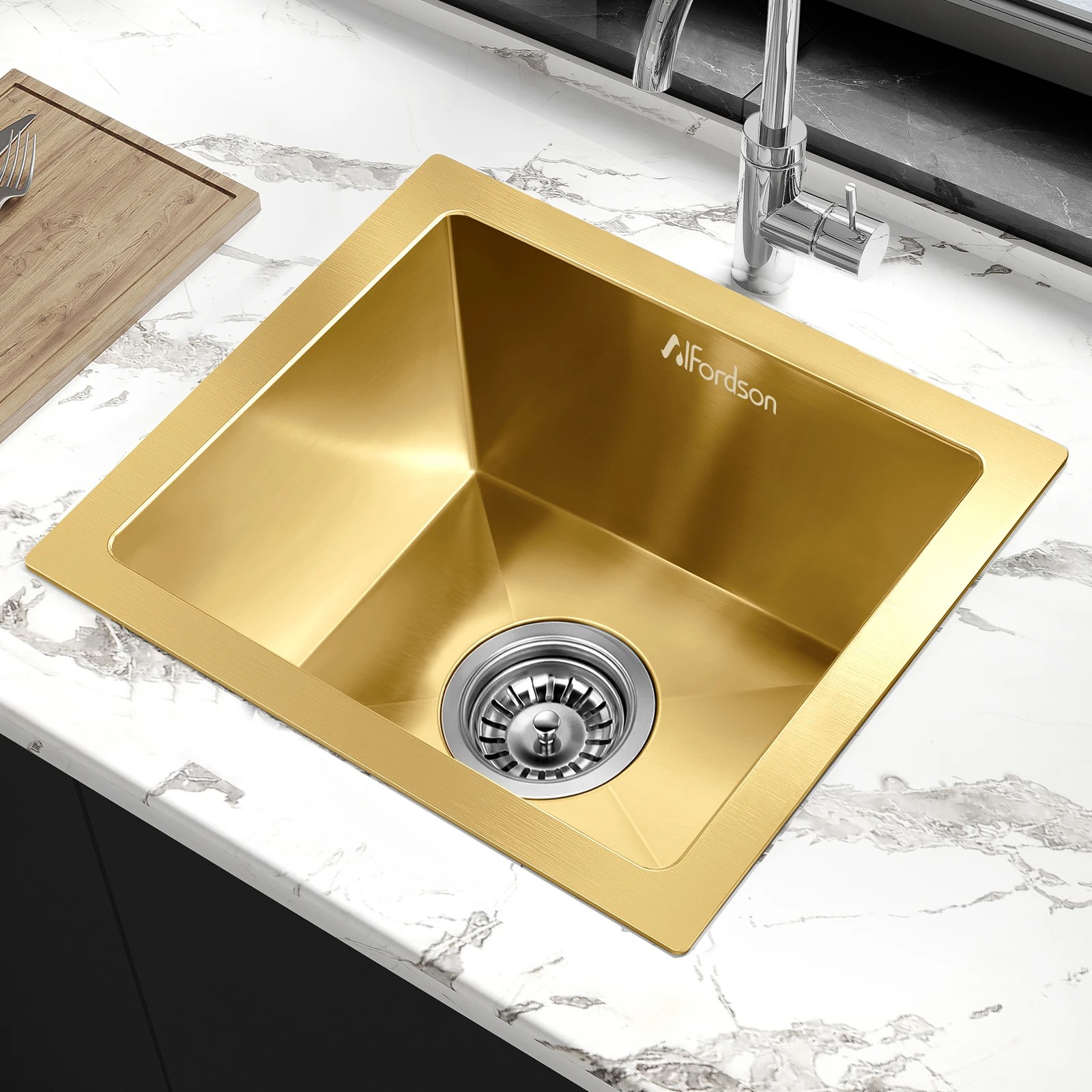 5 Alfordson Kitchen Sink 34x31cm Stainless Steel Basin Single Bowl - Gold, 5 of 9
