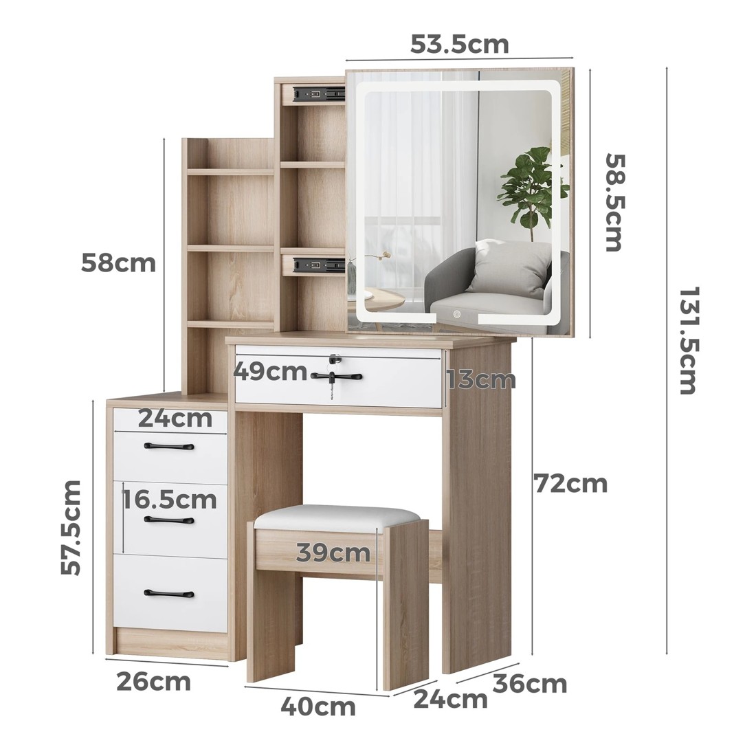 9 Alfordson Dressing Table Stool Set Makeup Mirror Vanity Desk Cabinet - Wood, 9 of 10